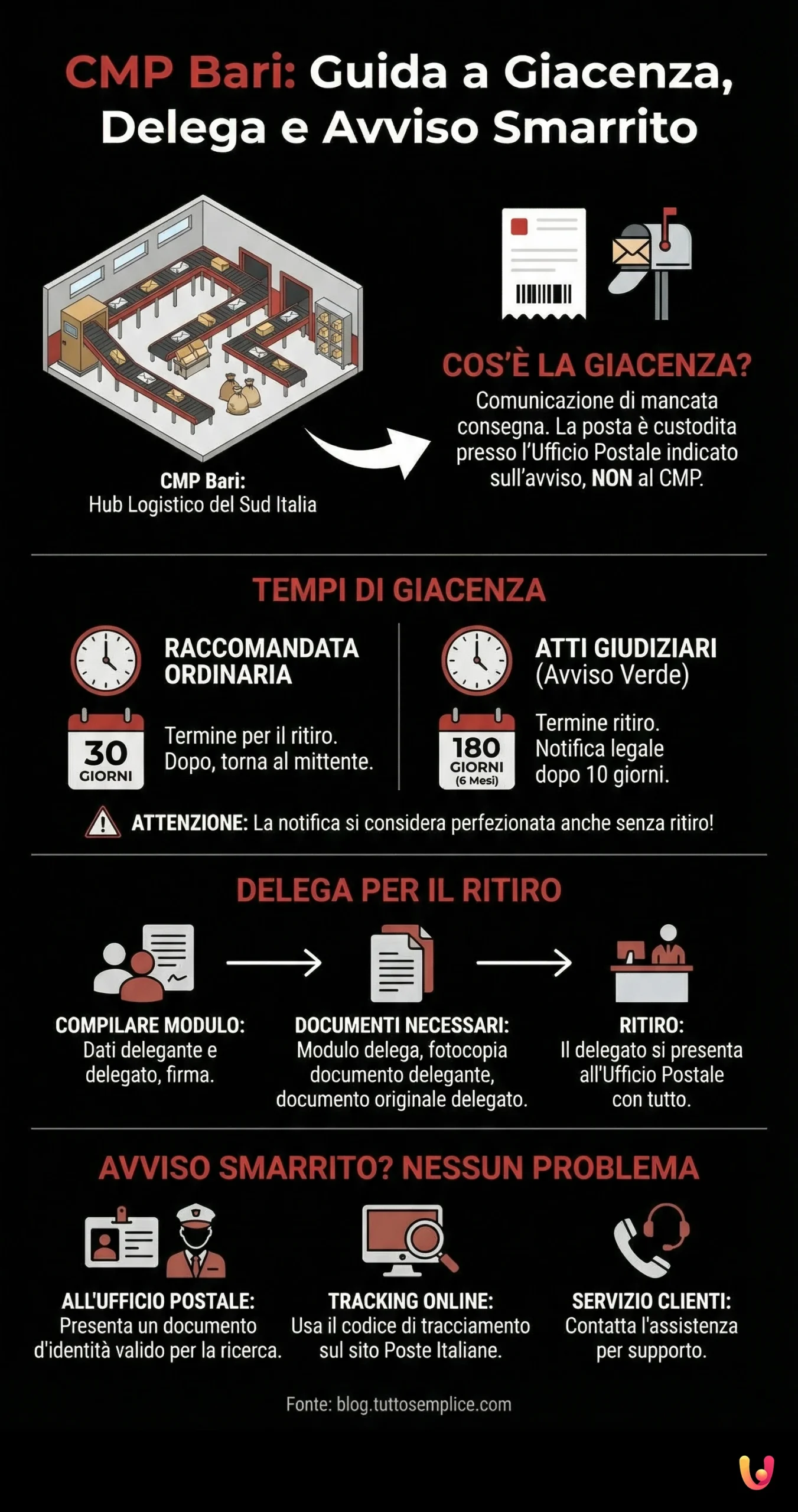 CMP Bari: guida a giacenza, delega e avviso smarrito - Infografica riassuntiva