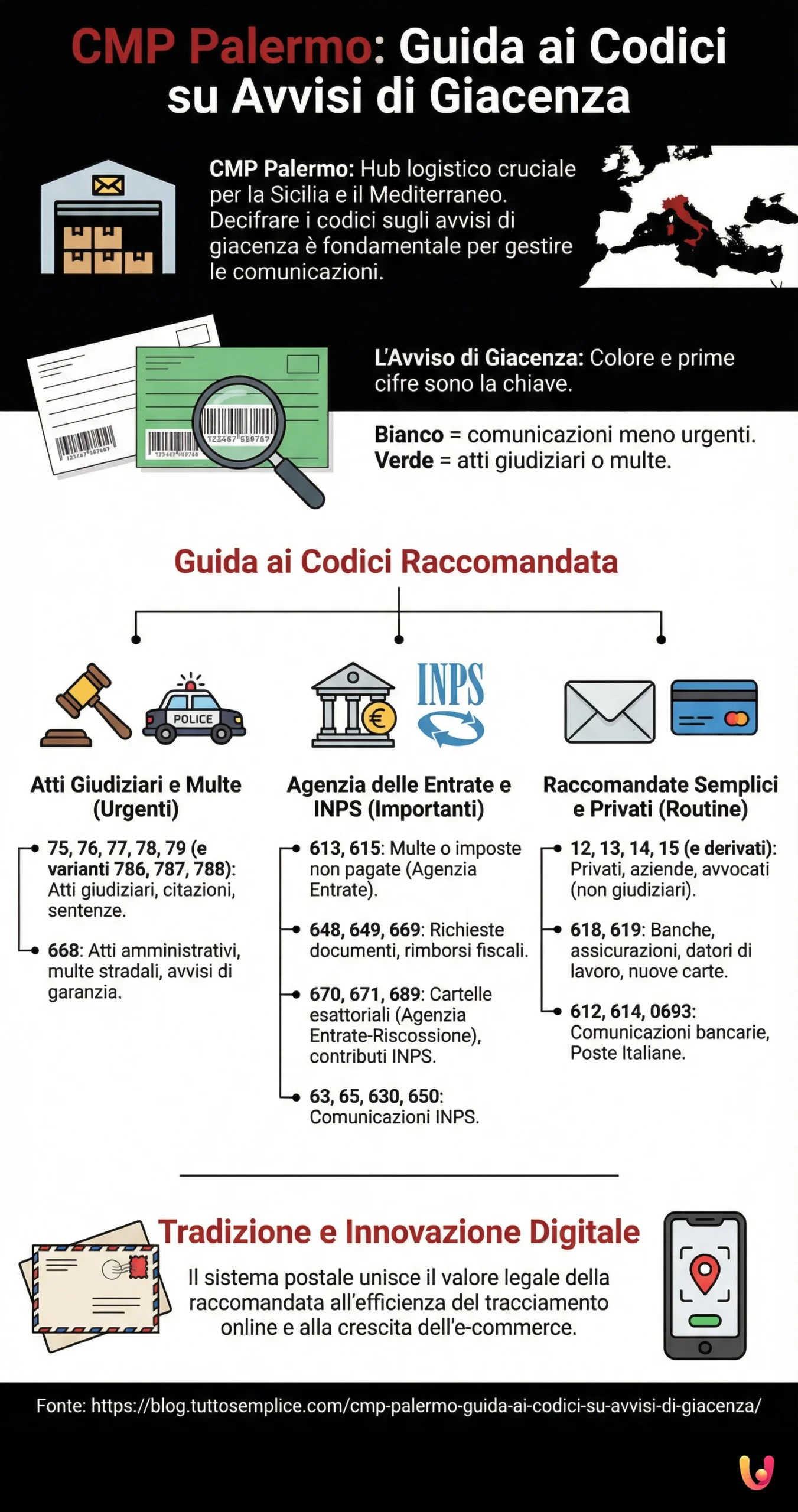 CMP Palermo: guida ai codici su avvisi di giacenza - Infografica riassuntiva