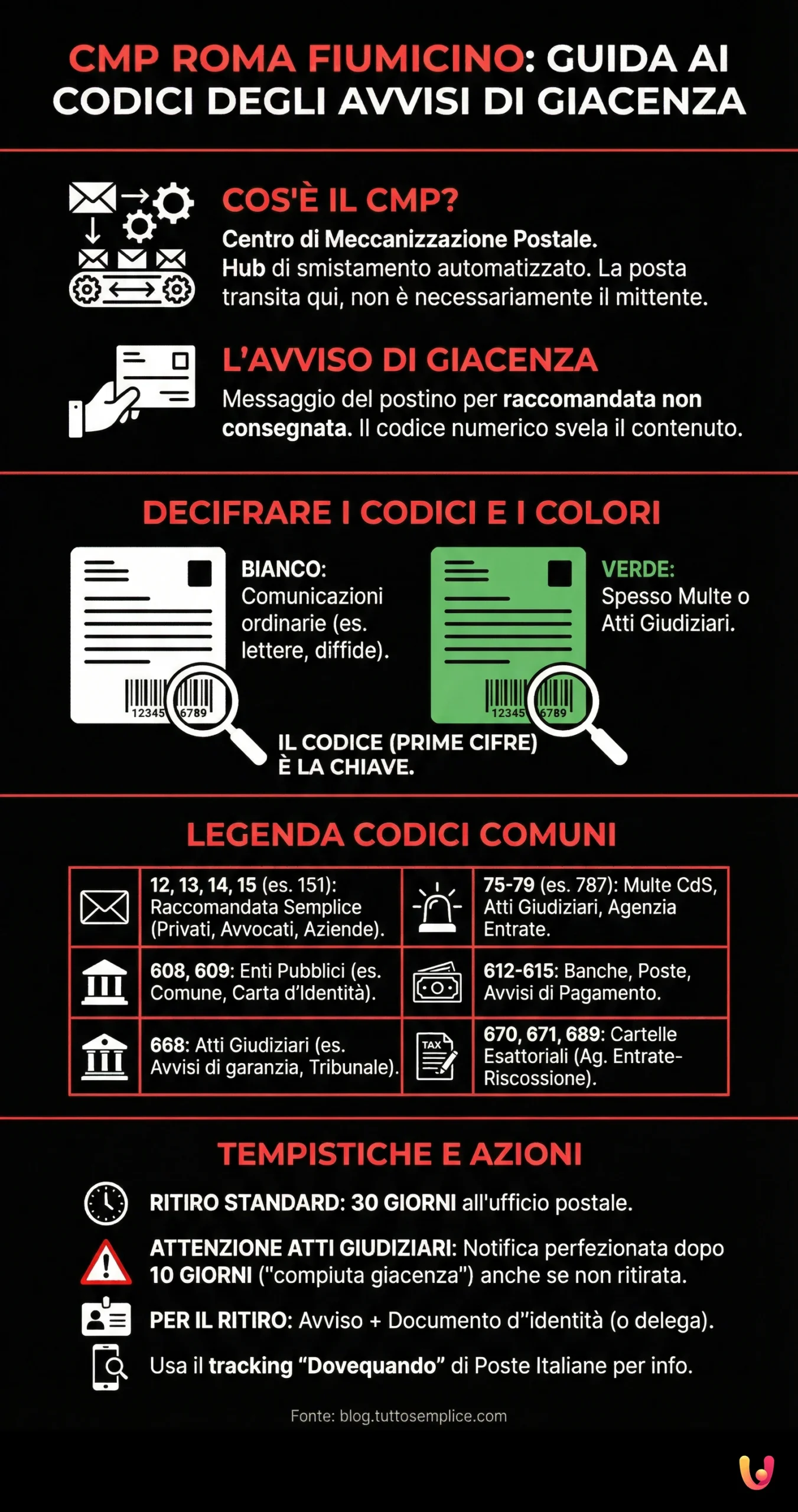 CMP Roma Fiumicino: Guida ai codici degli avvisi di giacenza - Infografica riassuntiva