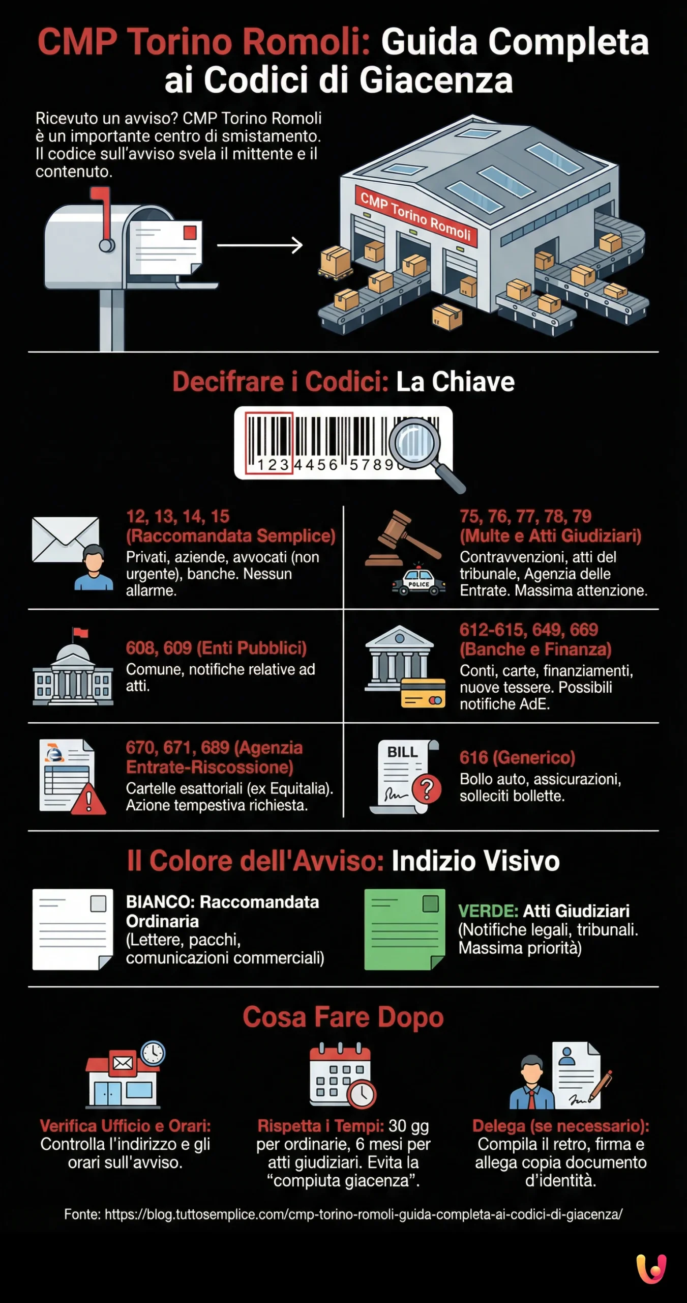 CMP Torino Romoli: guida completa ai codici di giacenza - Infografica riassuntiva