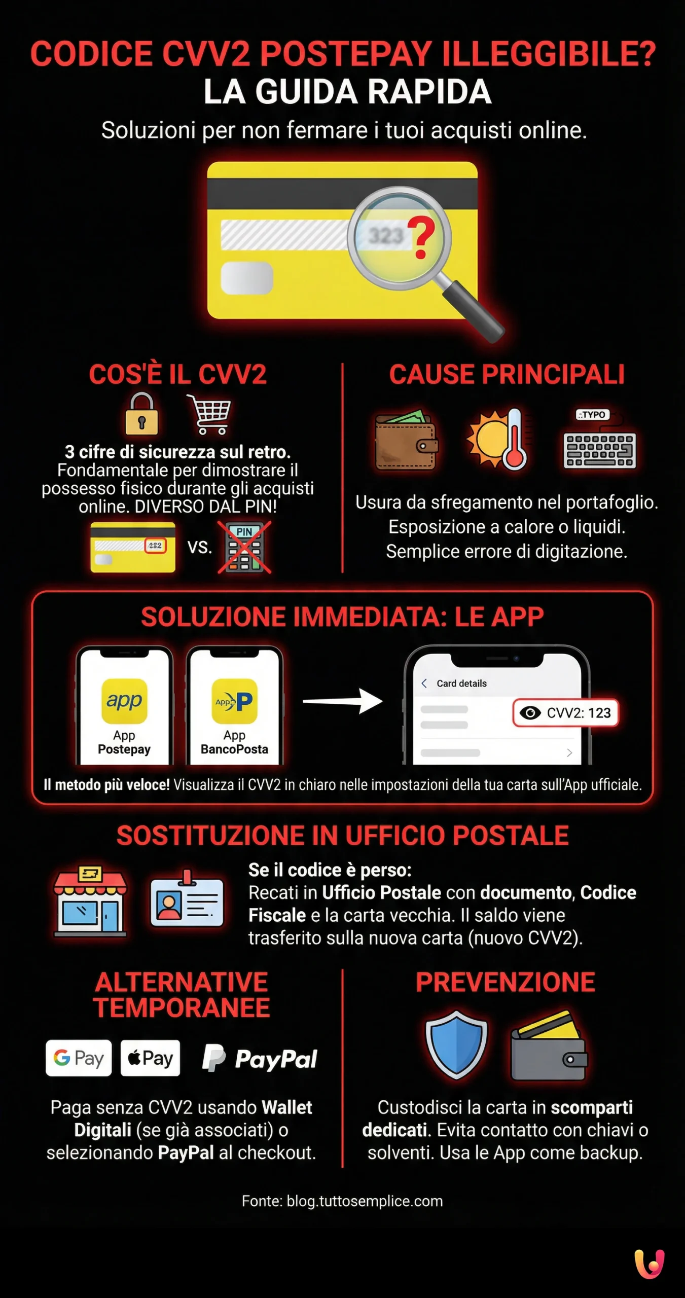 Codice CVV2 Postepay illeggibile: la guida per i tuoi acquisti - Infografica riassuntiva
