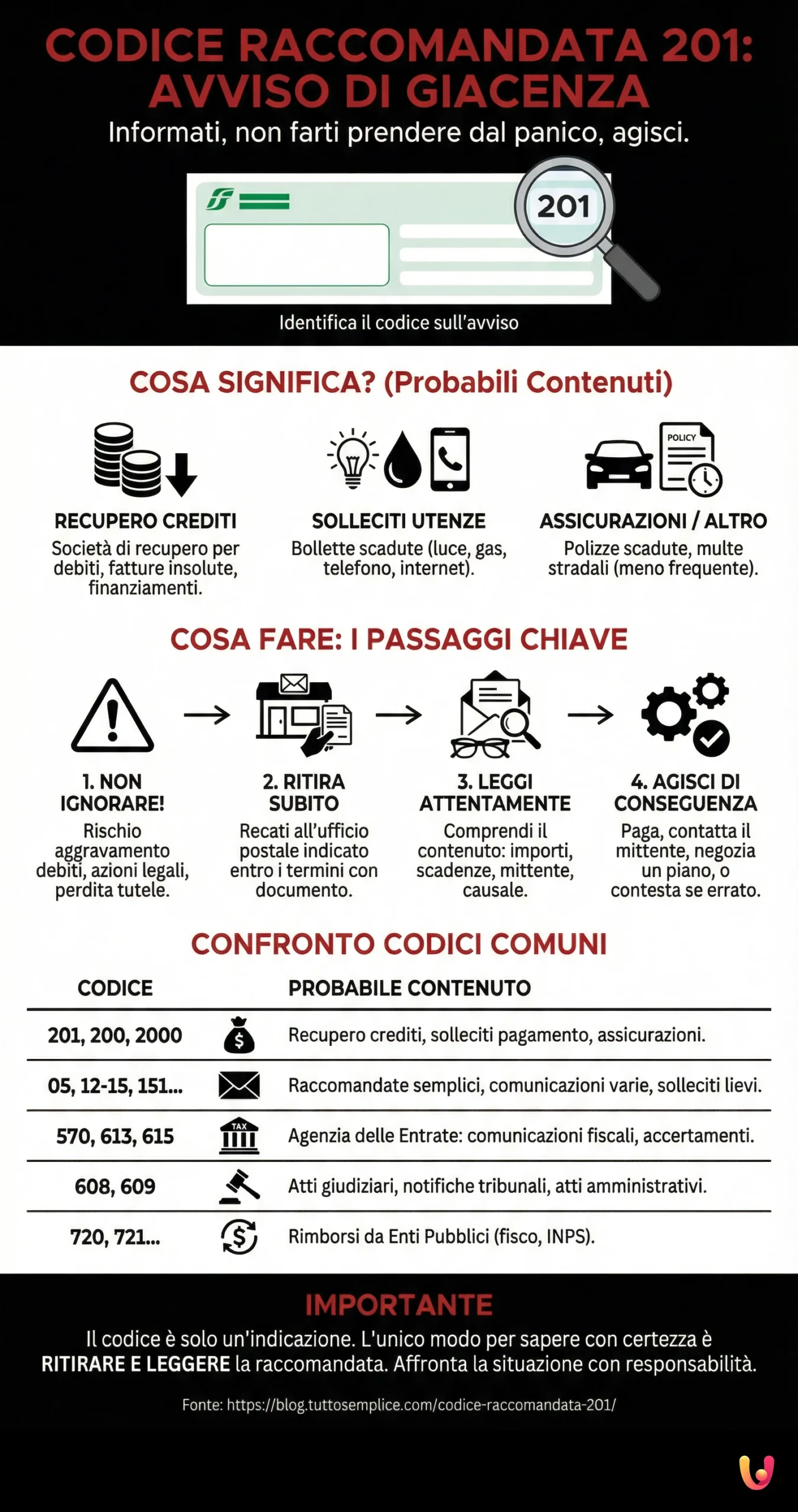 Codice Raccomandata 201: informati su questo Avviso di Giacenza - Infografica riassuntiva