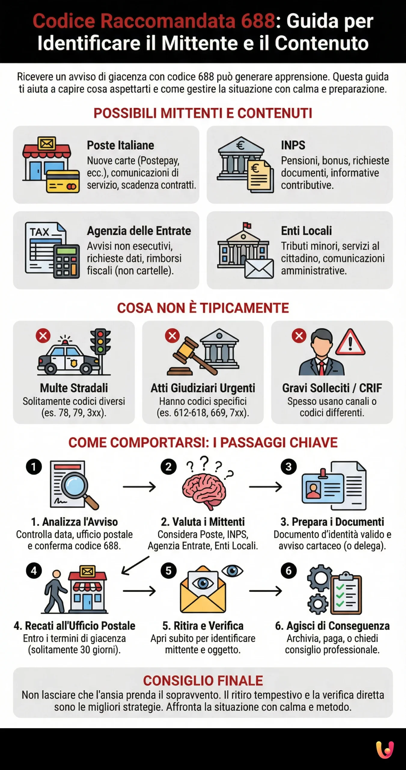 Codice Raccomandata 688: Guida per Identificare il Mittente e il Contenuto - Infografica riassuntiva