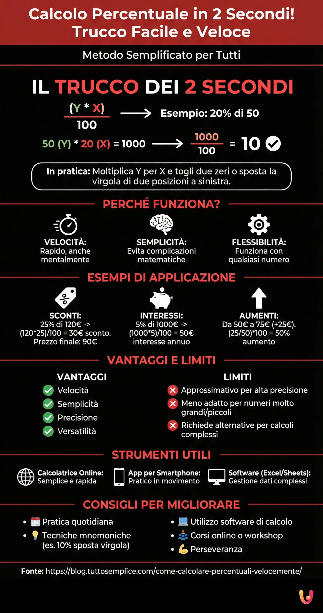 Calcolo percentuale in 2 secondi! Trucco facile e veloce - Infografica riassuntiva