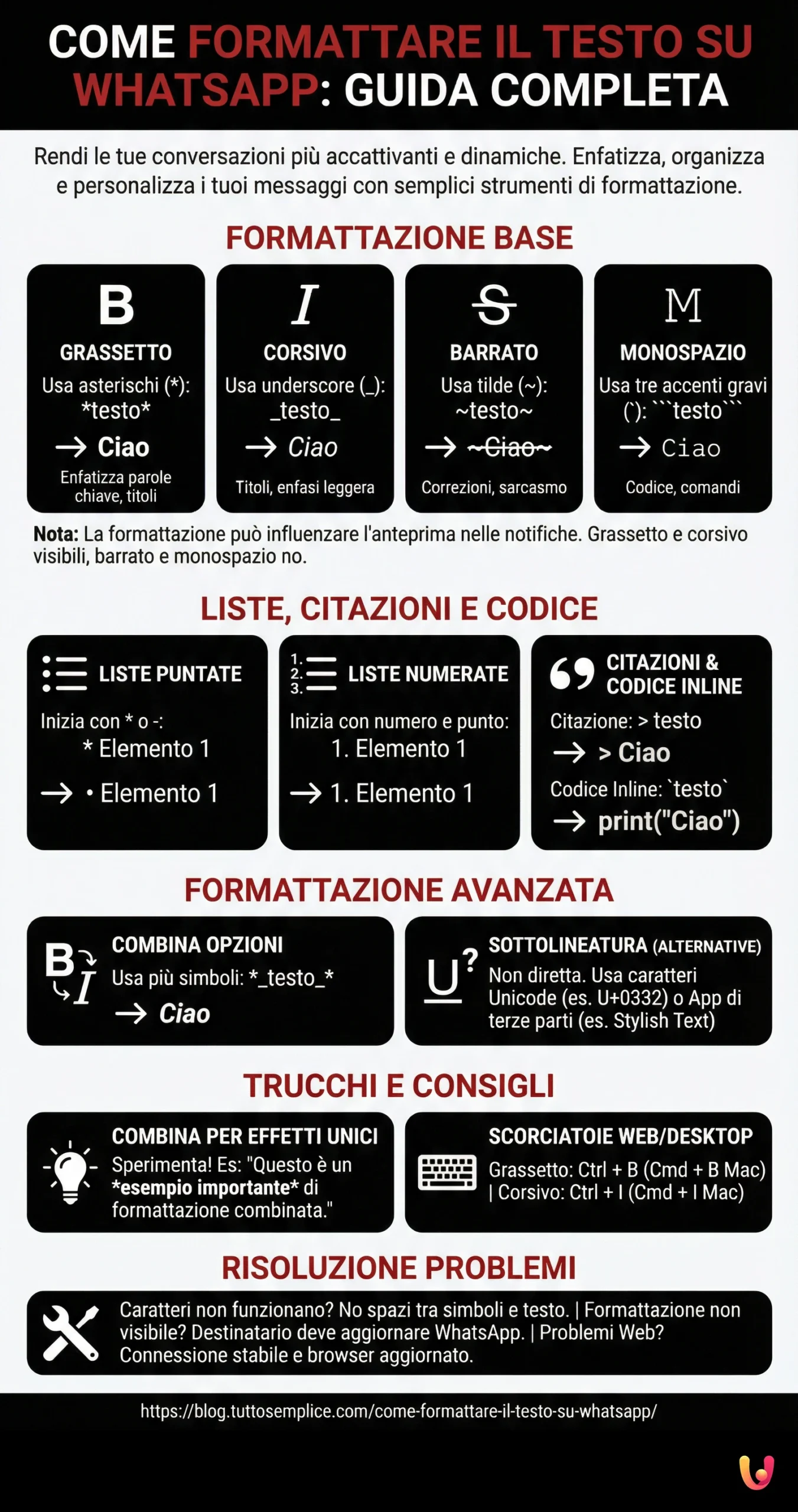 Come Formattare il Testo su WhatsApp: Guida Completa - Infografica riassuntiva