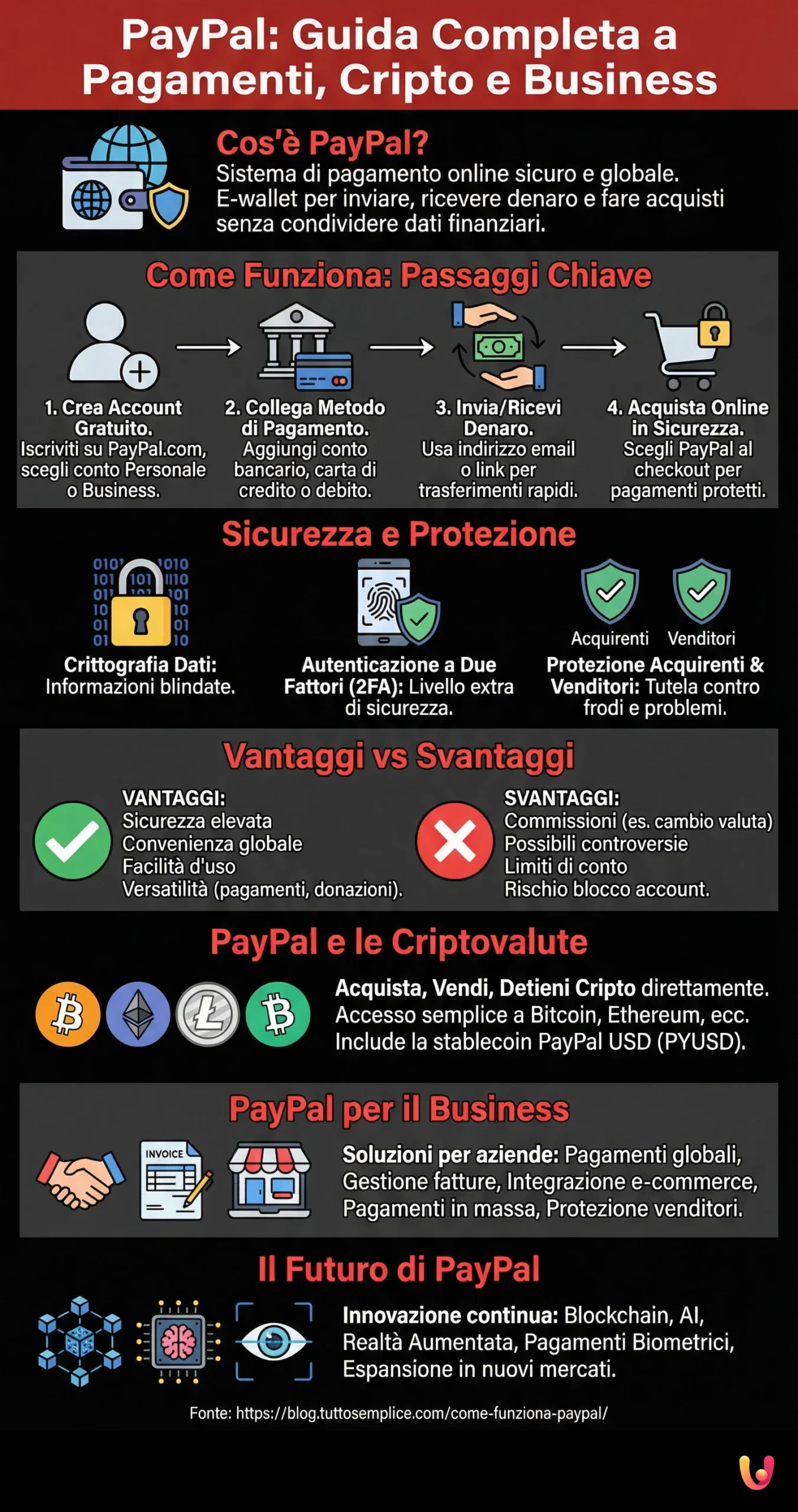 PayPal: Guida Completa a Pagamenti, Cripto e Business - Infografica riassuntiva