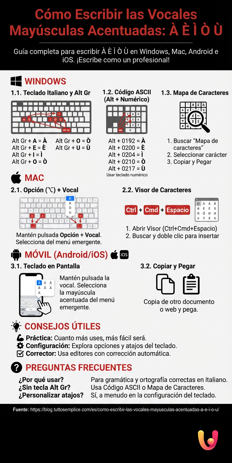 Cómo Escribir las Vocales Mayúsculas Acentuadas: À È Ì Ò Ù - Infografica riassuntiva