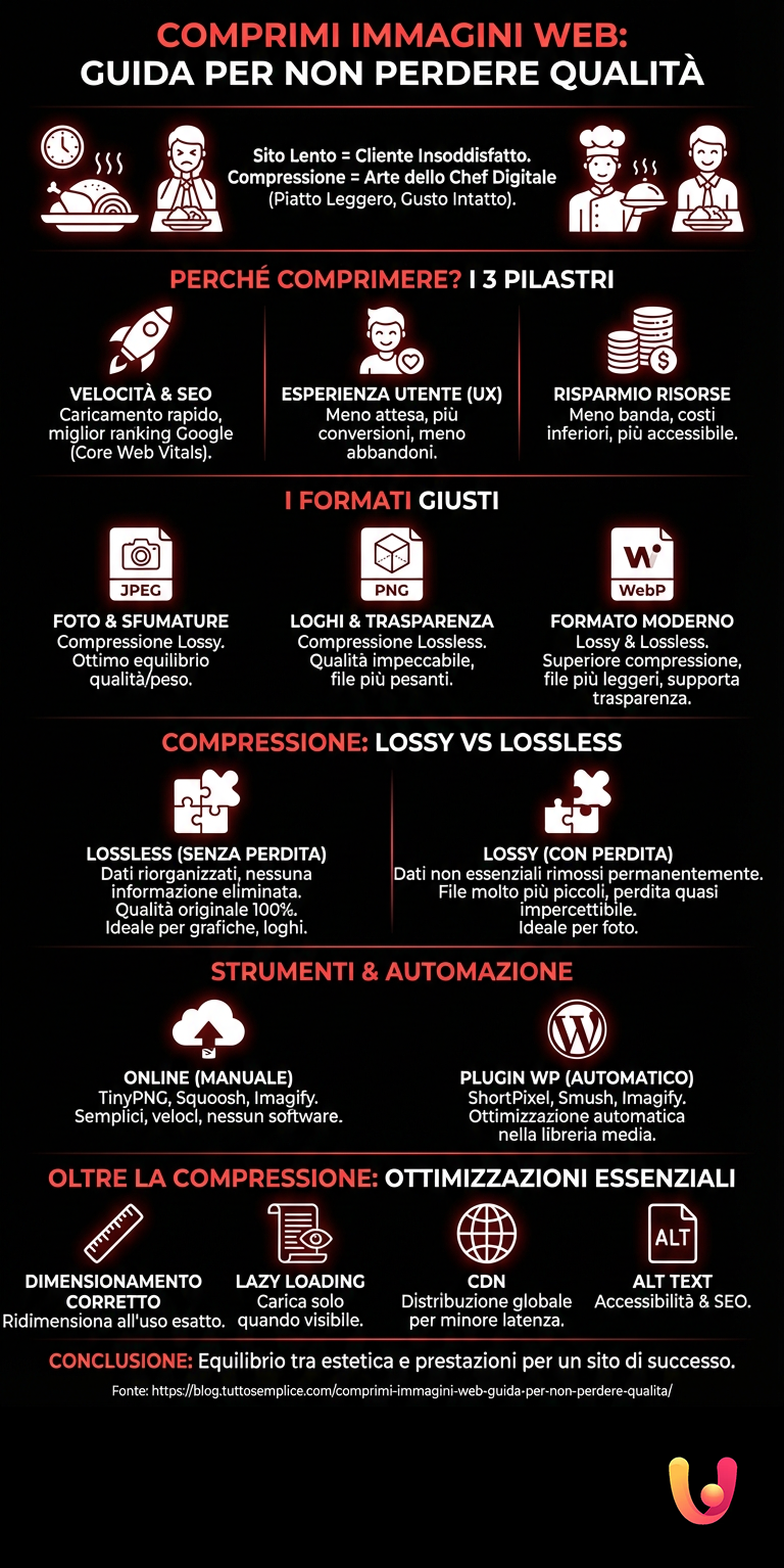 Comprimi Immagini Web: Guida per Non Perdere Qualità - Infografica riassuntiva