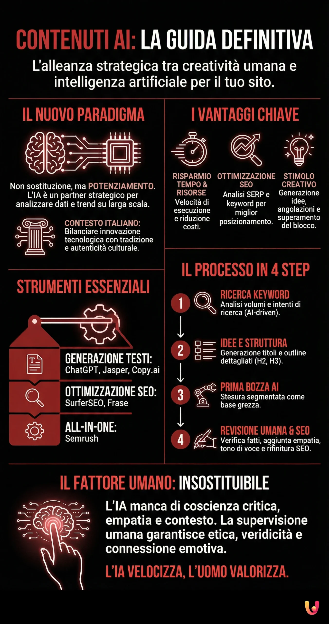 Contenuti AI per il tuo sito: la guida definitiva - Infografica riassuntiva