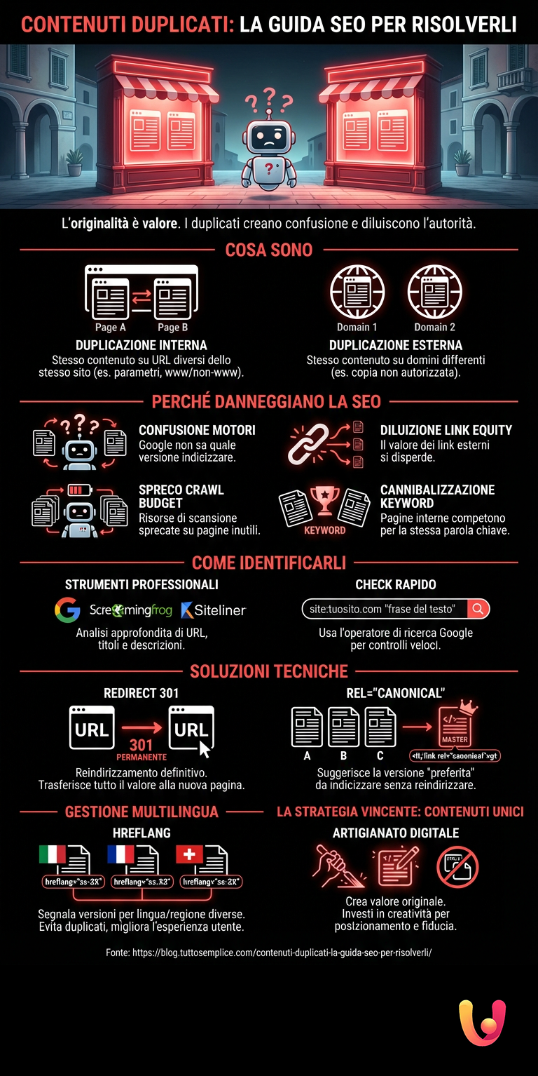 Contenuti Duplicati: La Guida SEO per Risolverli - Infografica riassuntiva