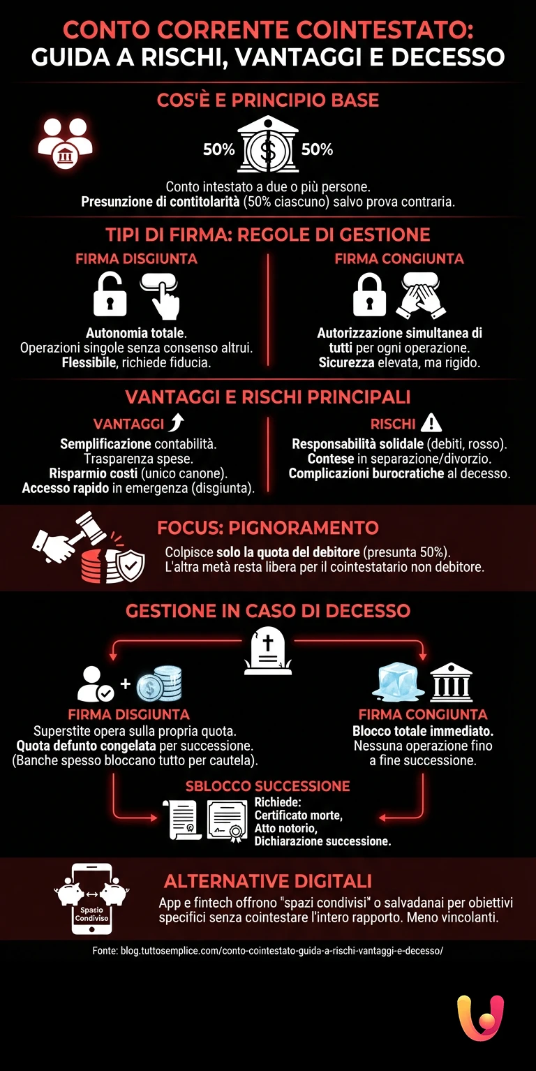 Conto Cointestato: Guida a Rischi, Vantaggi e Decesso - Infografica riassuntiva