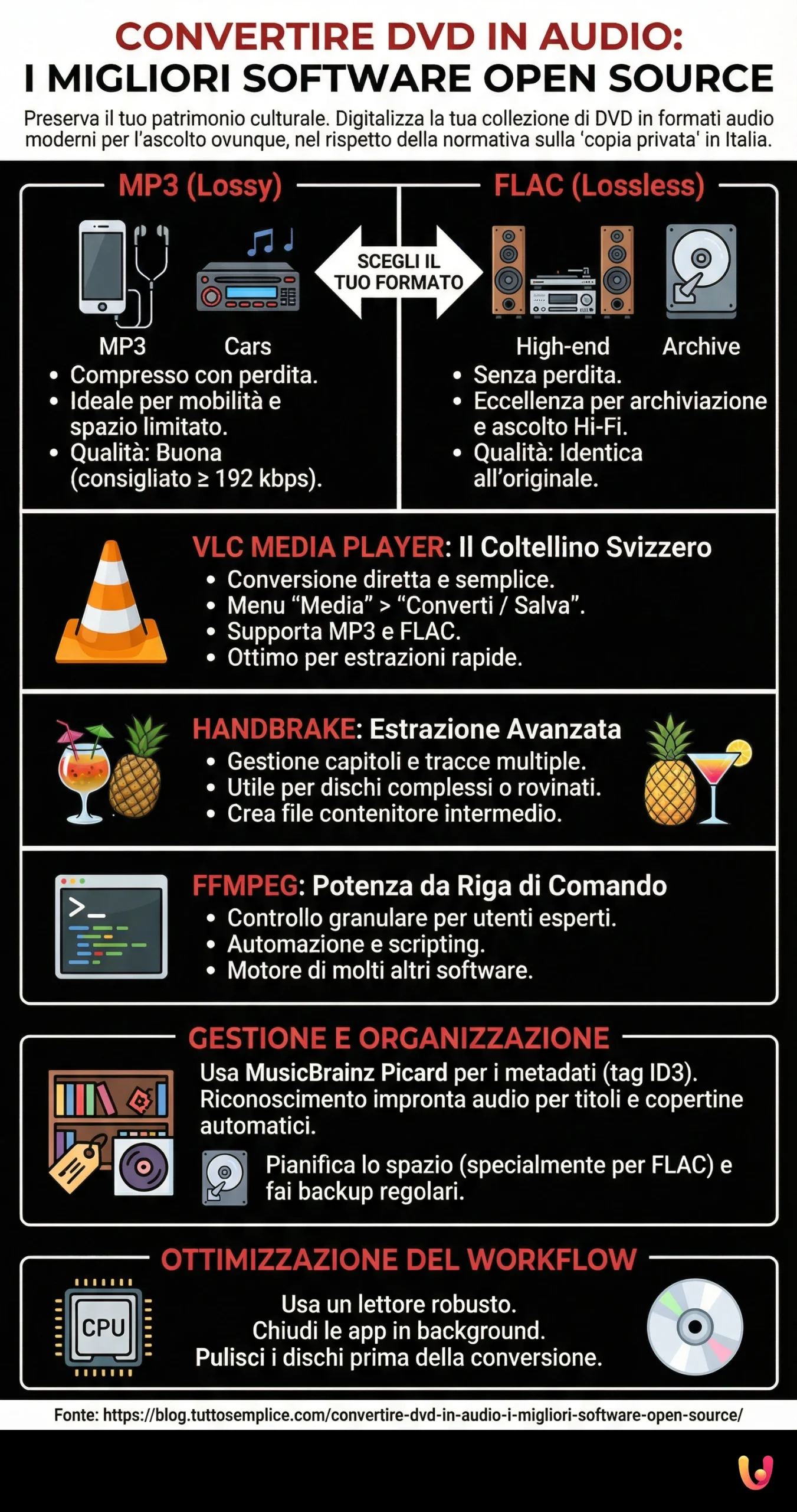 Convertire DVD in Audio: I Migliori Software Open Source - Infografica riassuntiva