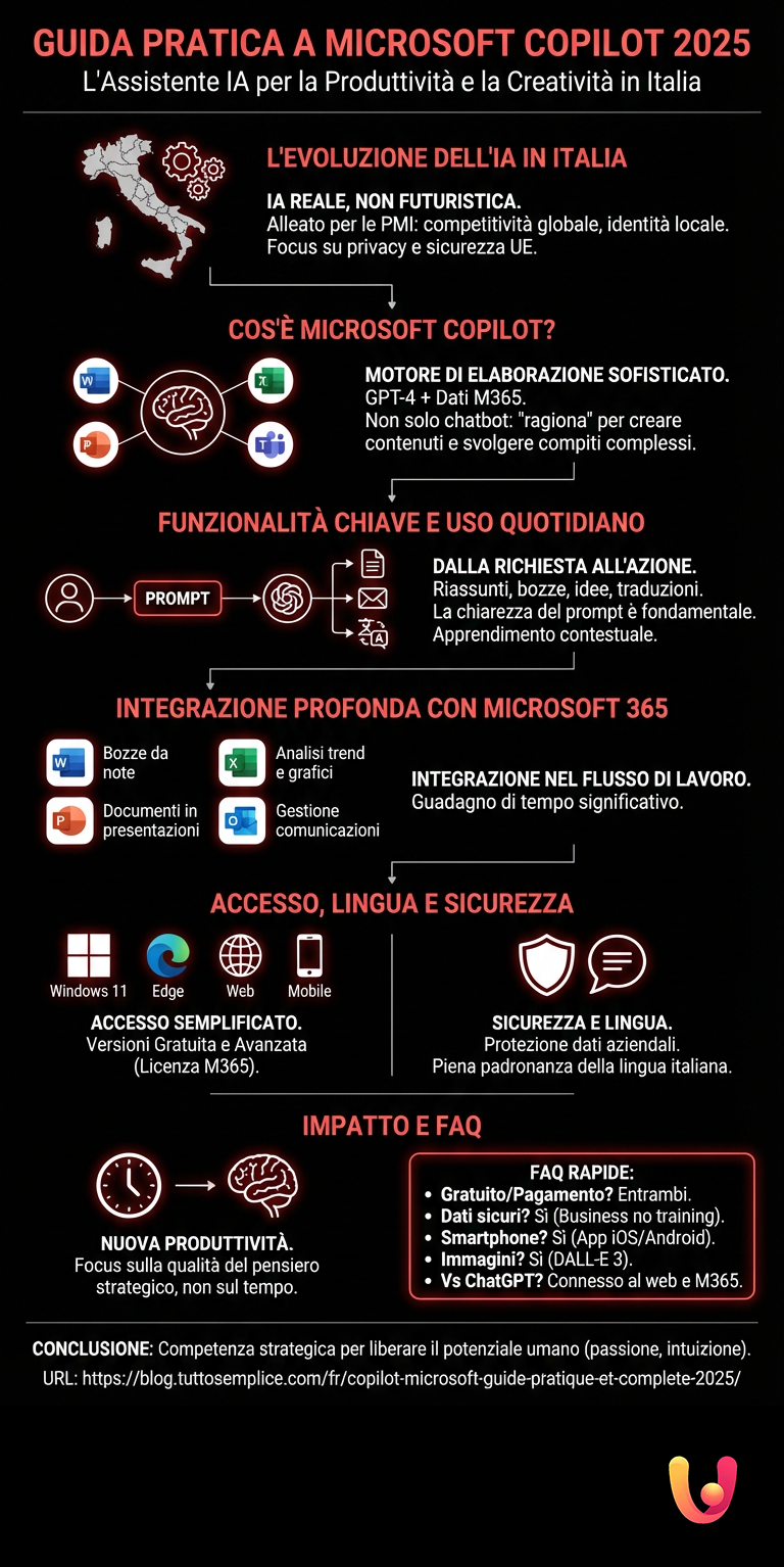 Copilot Microsoft : Guide Pratique et Compl&egrave;te 2025 - Infografica riassuntiva