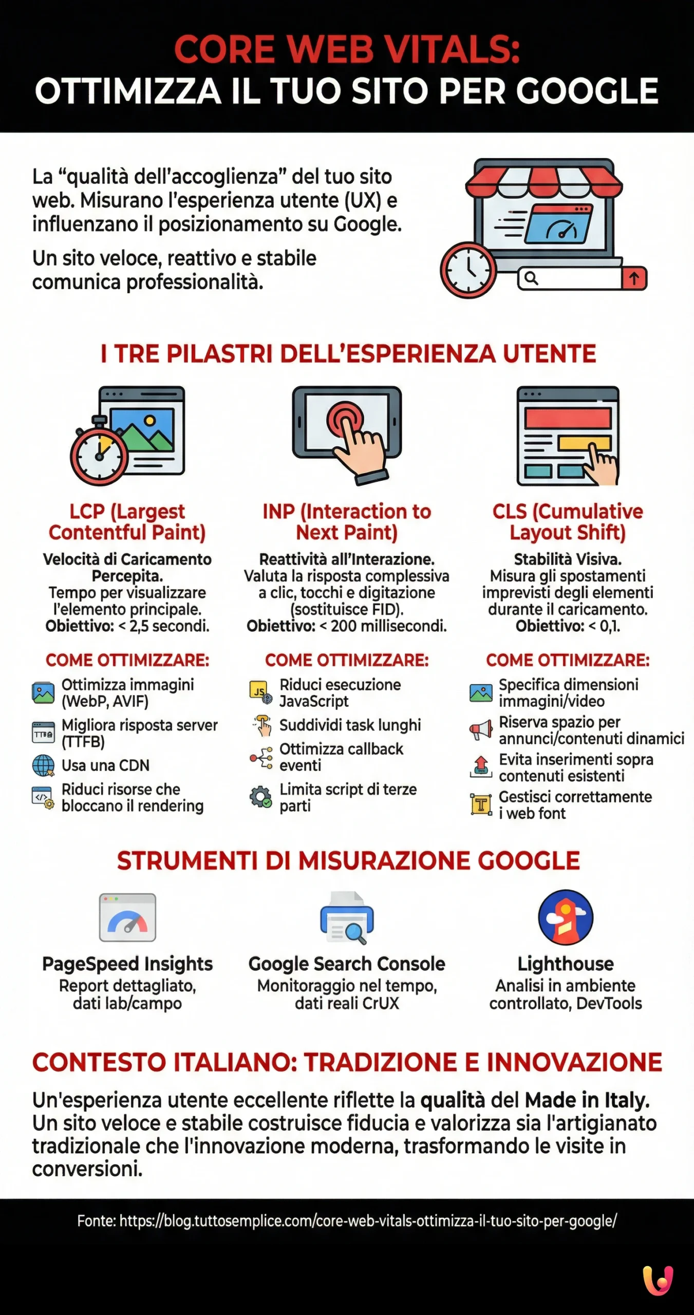 Core Web Vitals: Ottimizza il tuo sito per Google - Infografica riassuntiva