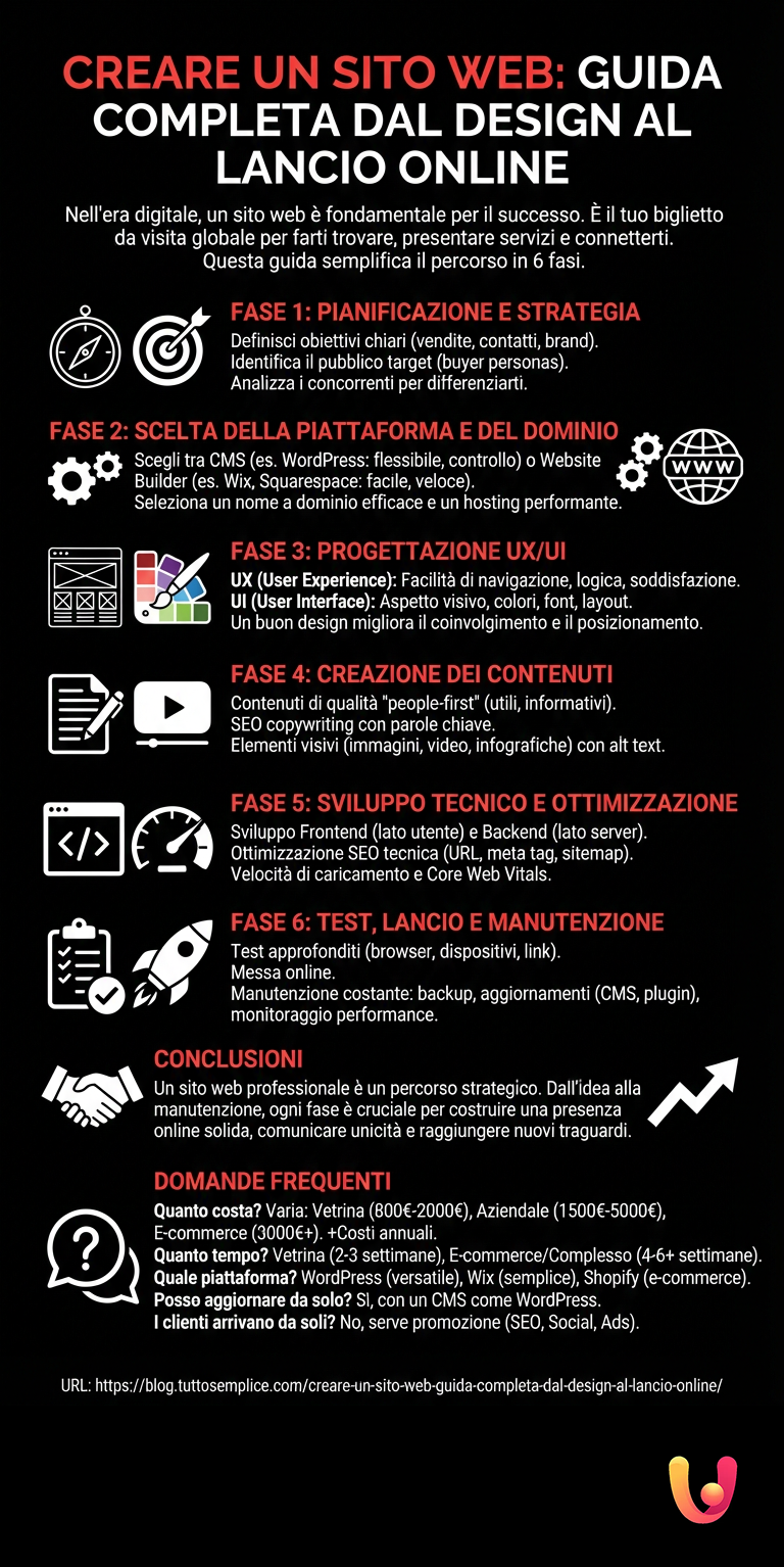 Creare un sito web: guida completa dal design al lancio online - Infografica riassuntiva