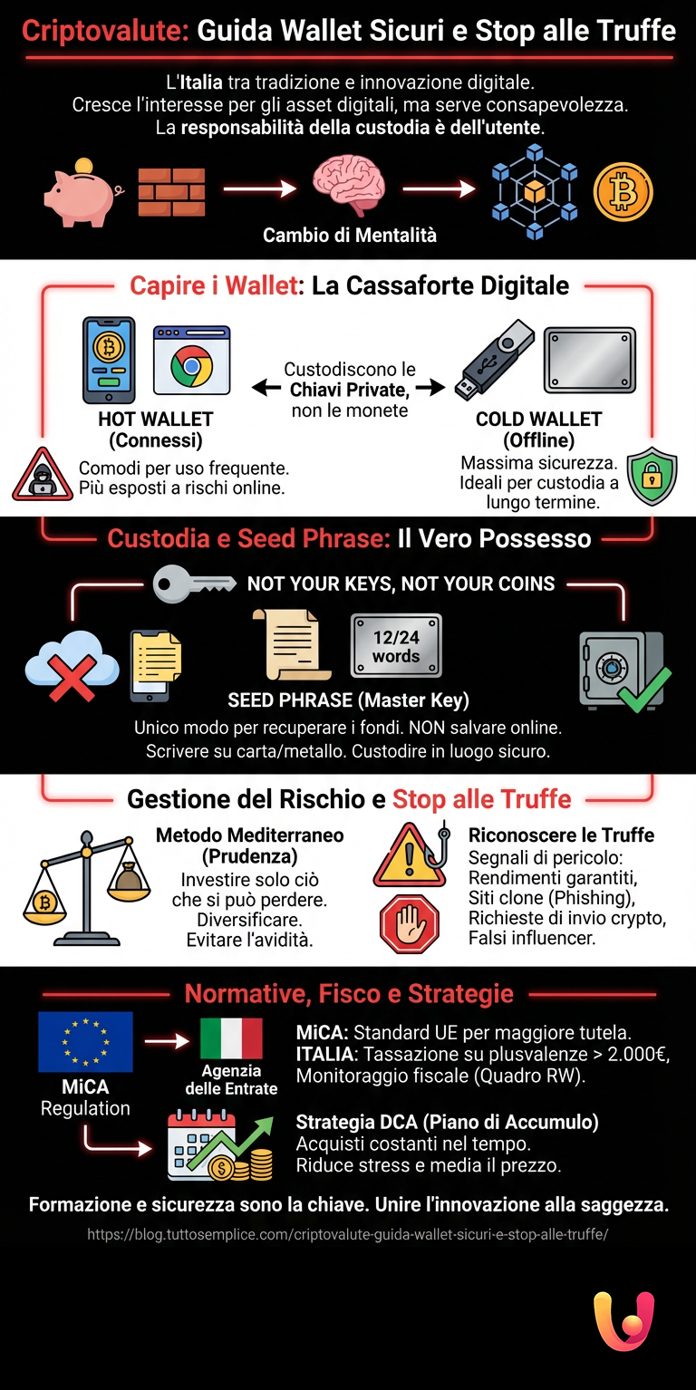Criptovalute: Guida Wallet Sicuri e Stop alle Truffe - Infografica riassuntiva