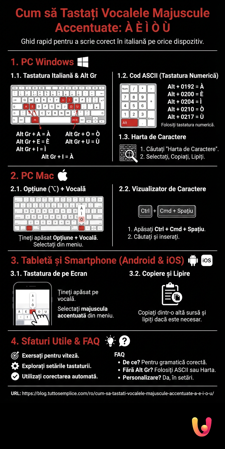 Cum să Tastați Vocalele Majuscule Accentuate: À È Ì Ò Ù - Infografica riassuntiva