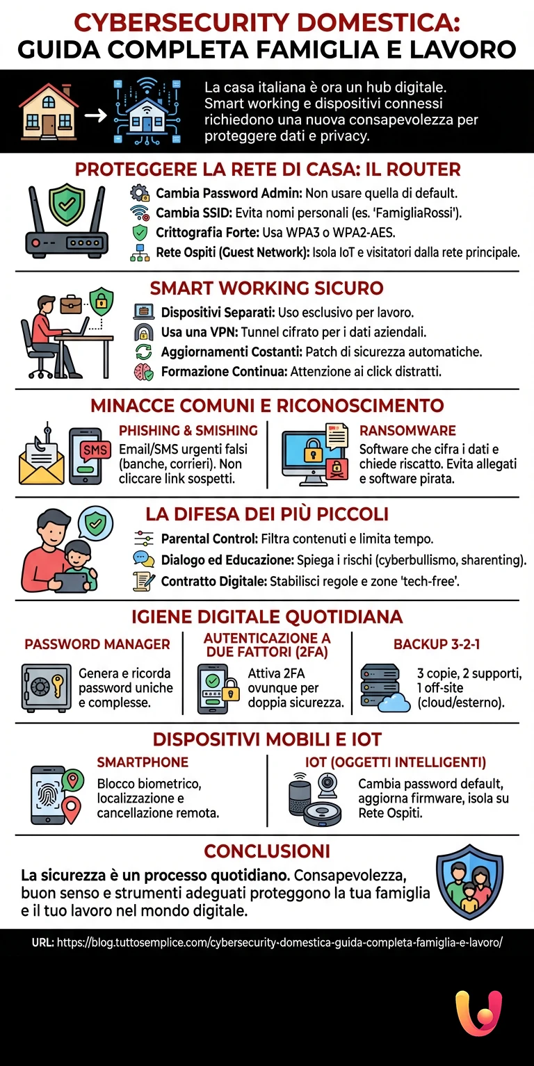Cybersecurity Domestica: Guida Completa Famiglia e Lavoro - Infografica riassuntiva