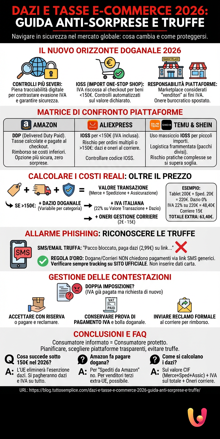 Dazi e Tasse E - commerce 2026: Guida Anti - Sorprese e Truffe - Infografica riassuntiva