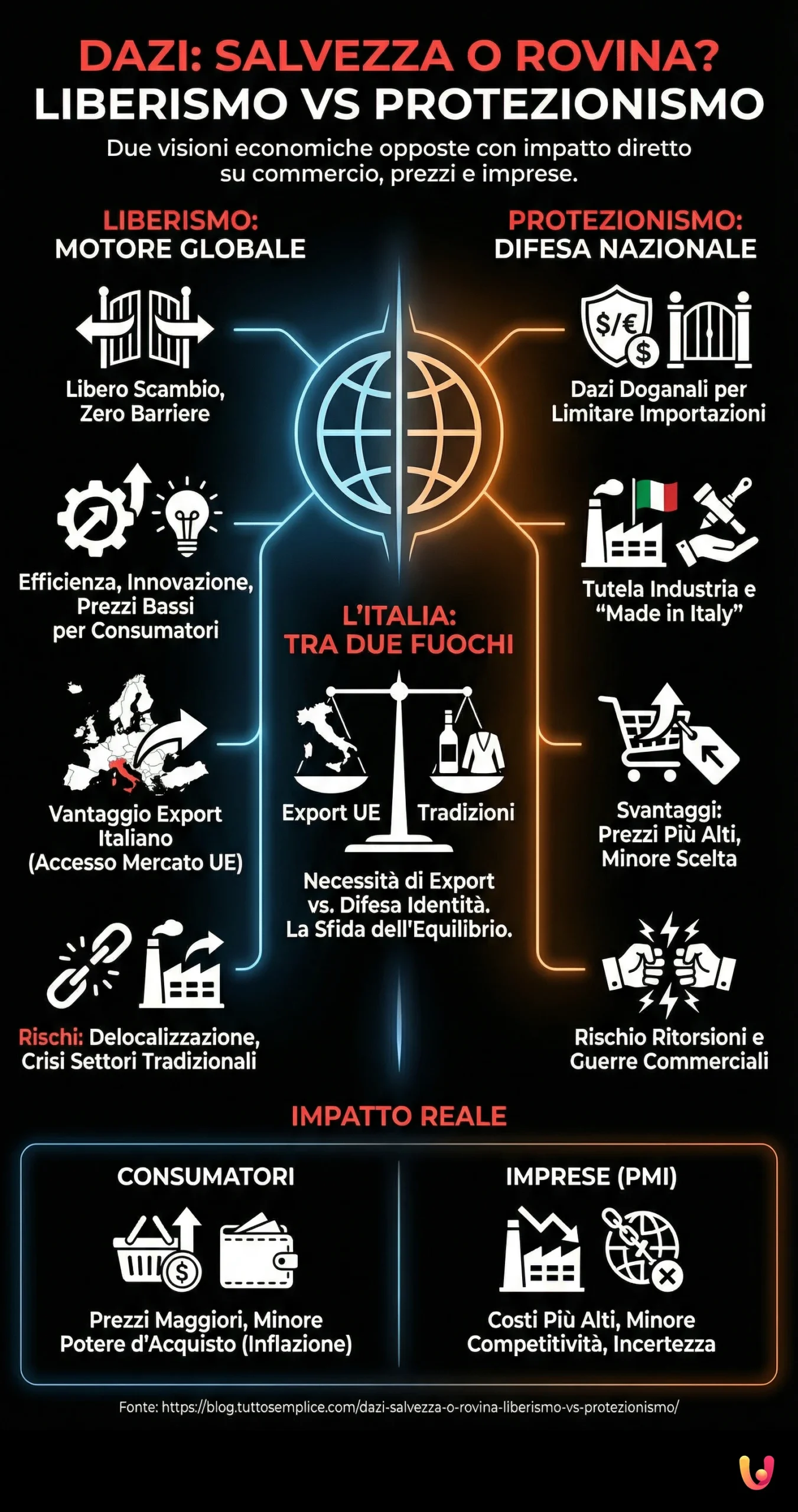 Dazi: Salvezza o Rovina? Liberismo vs Protezionismo - Infografica riassuntiva