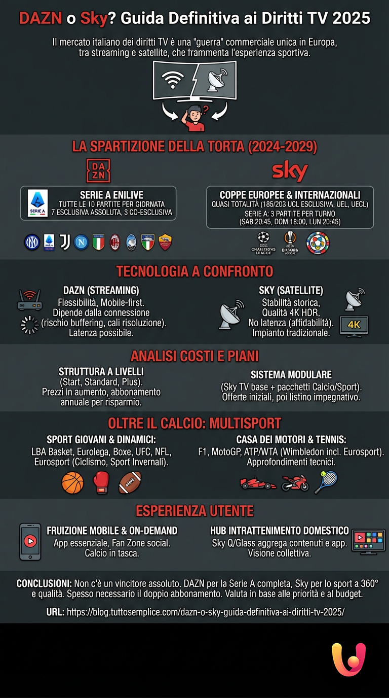 DAZN o Sky? Guida Definitiva ai Diritti TV 2025 - Infografica riassuntiva