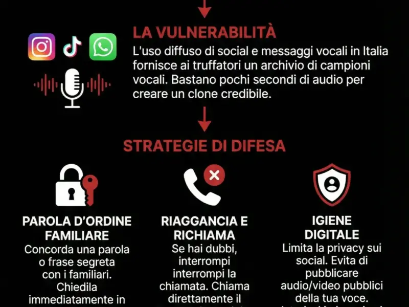 Infografica: Deepfake Voice Cloning: Proteggere la Famiglia Italiana dalle Truffe dell'Intelligenza Artificiale