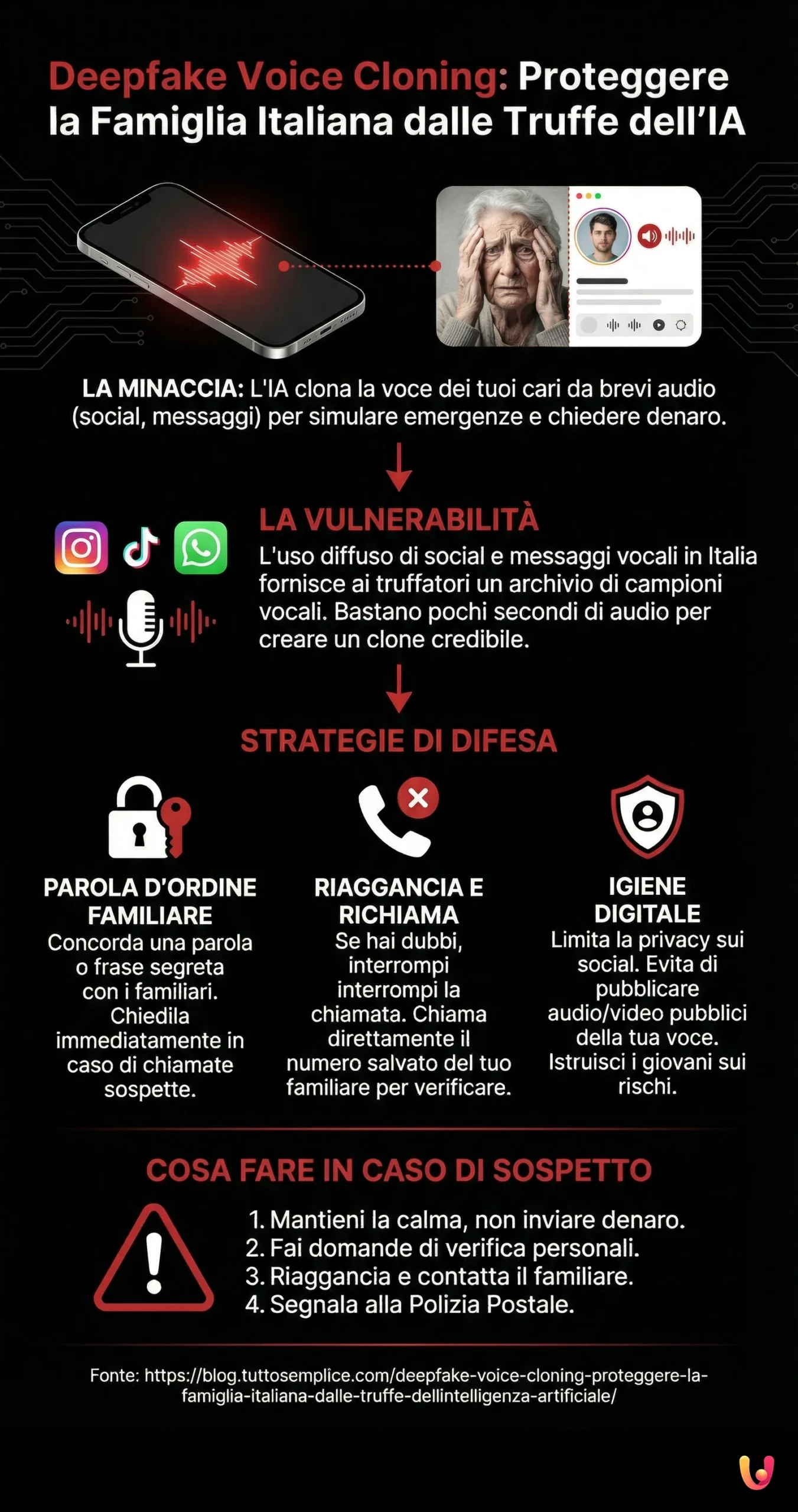 Deepfake Voice Cloning: Proteggere la Famiglia Italiana dalle Truffe dell'Intelligenza Artificiale - Infografica riassuntiva