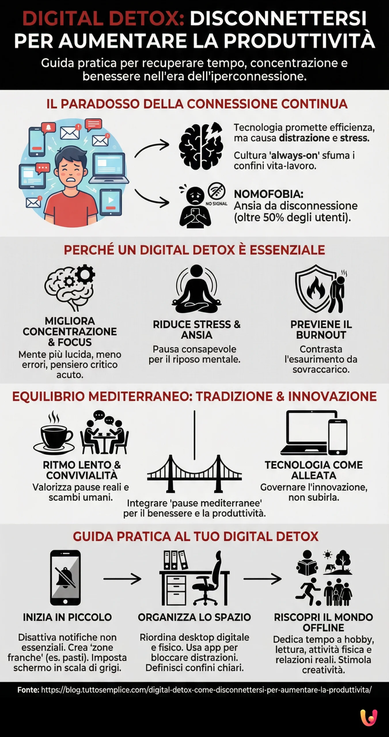 Digital Detox: Come Disconnettersi per Aumentare la Produttivit&agrave; - Infografica riassuntiva