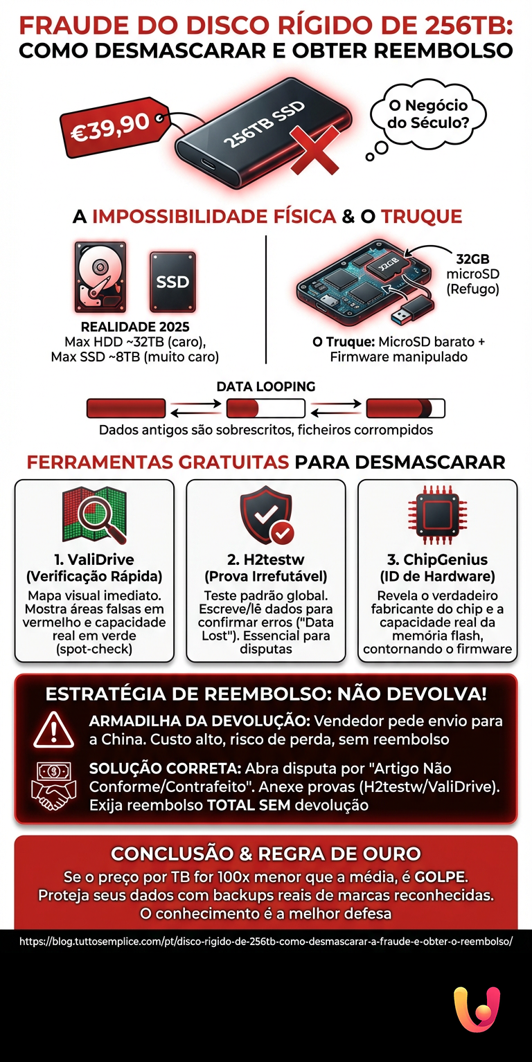Disco R&iacute;gido de 256TB: Como Desmascarar a Fraude e Obter o Reembolso - Infografica riassuntiva