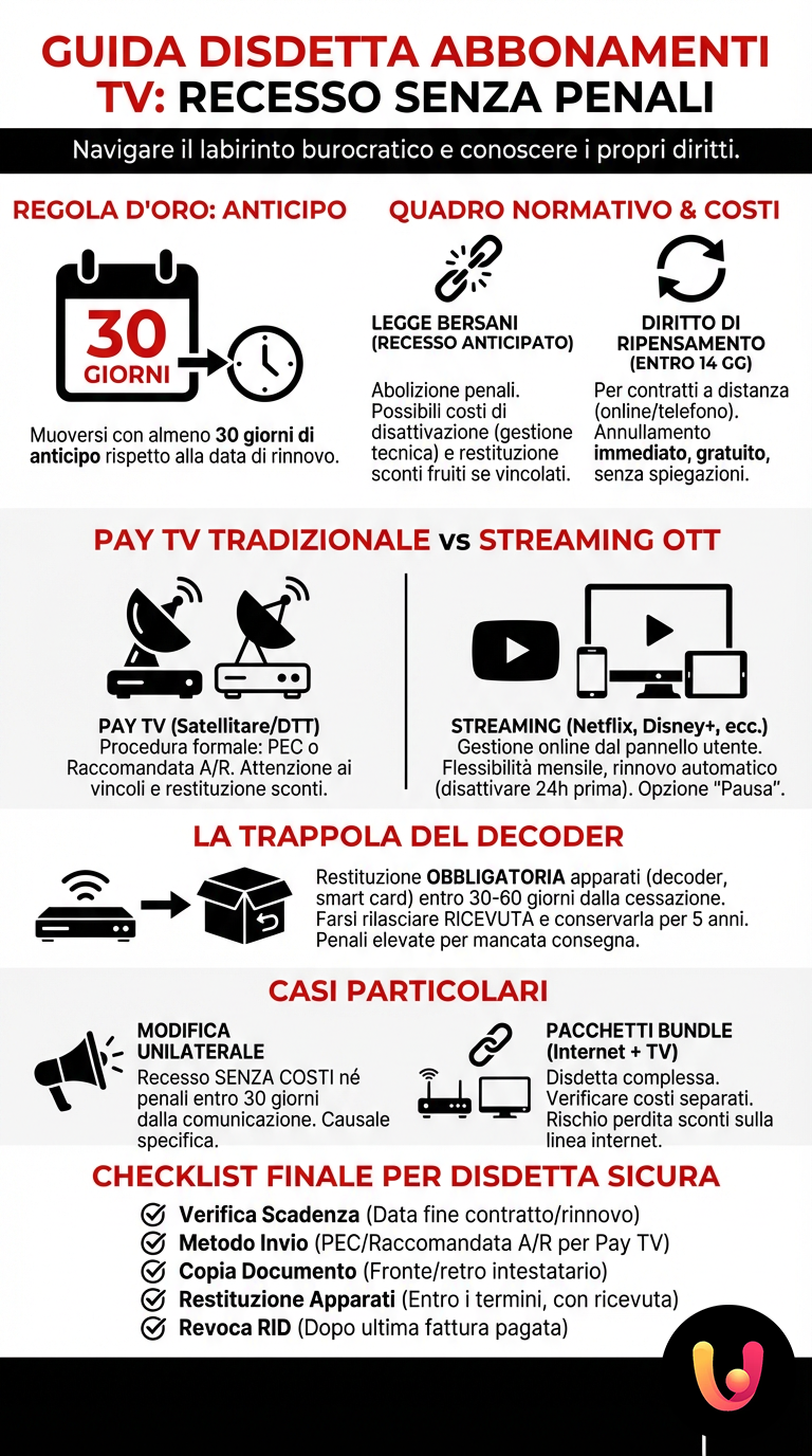 Disdetta Abbonamenti TV: Guida al Recesso Senza Penali - Infografica riassuntiva