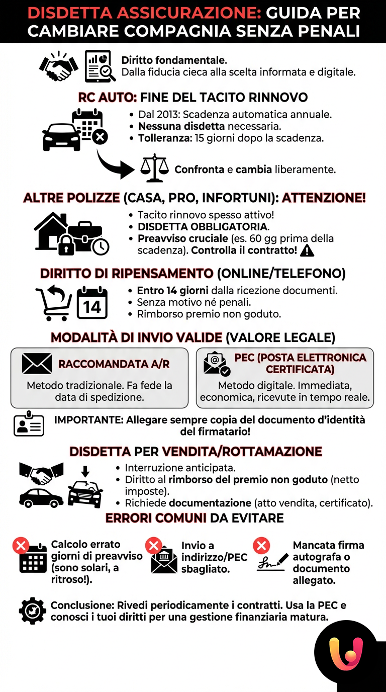 Disdetta Assicurazione: Guida per Cambiare Compagnia Senza Penali - Infografica riassuntiva