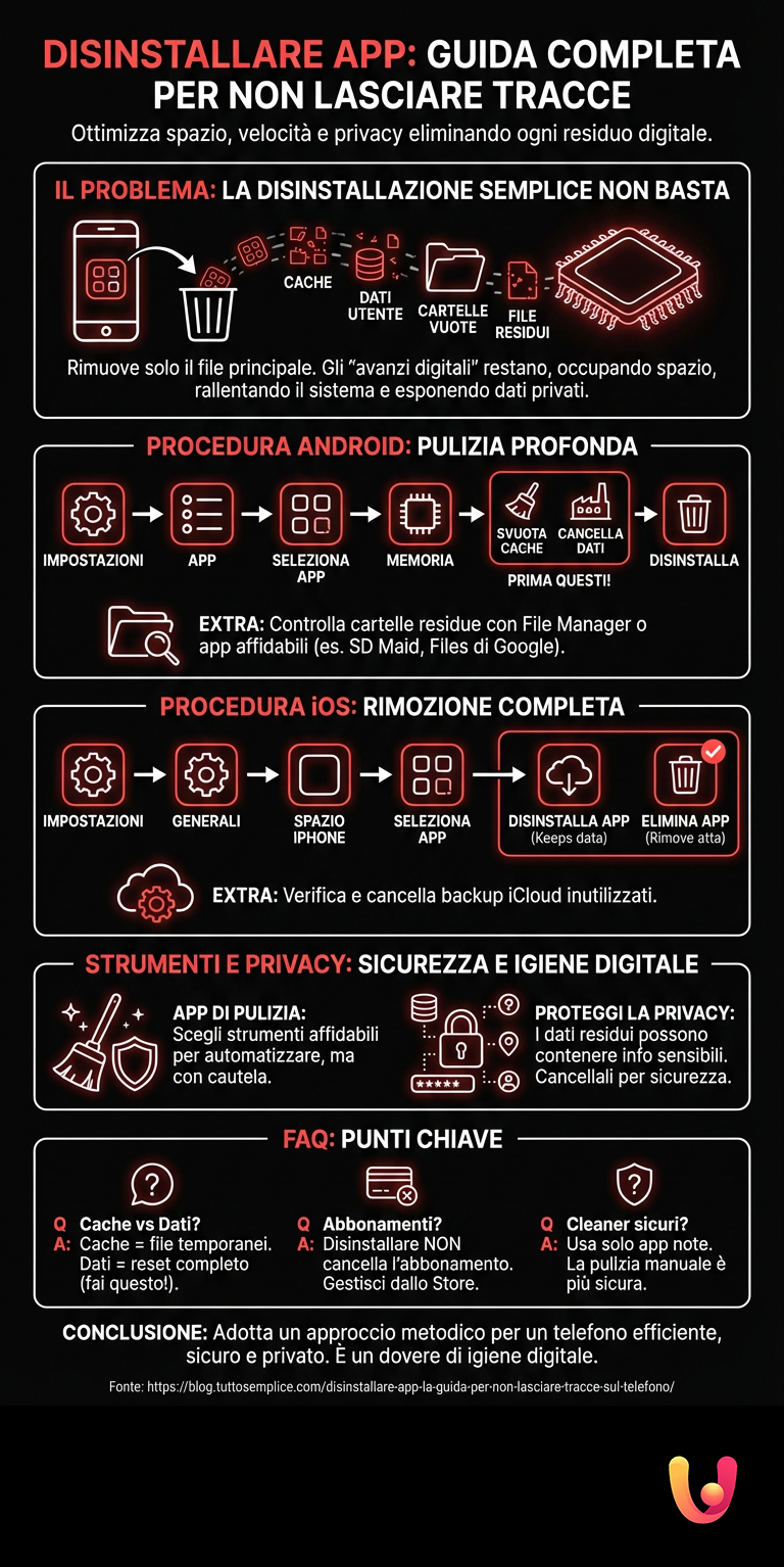 Infografia: Desinstalar Apps: o guia para não deixar vestígios no telemóvel Desinstalar Apps: o guia para não deixar vestígios no telemóvel - Infografia de resumo