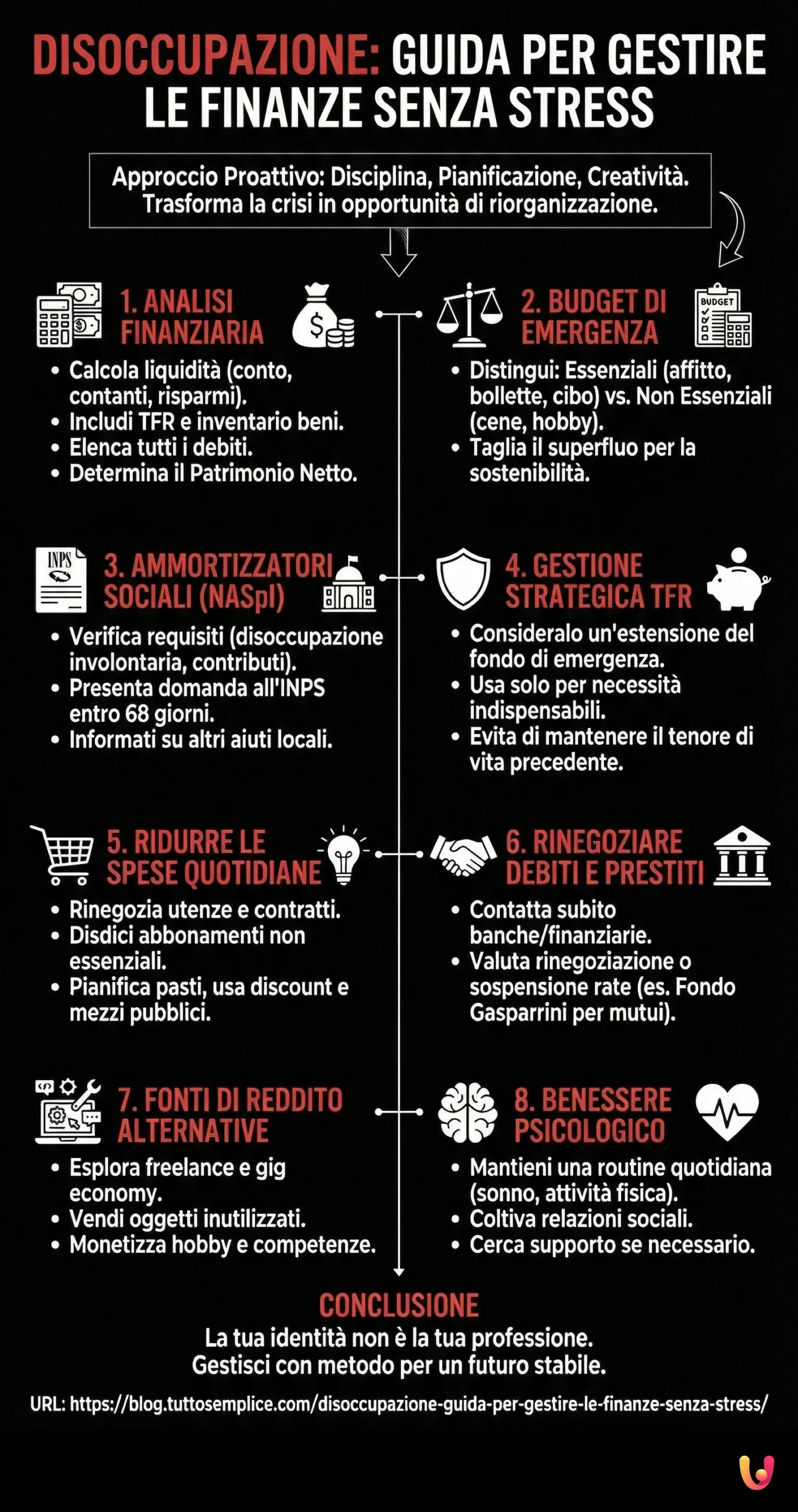 Disoccupazione: guida per gestire le finanze senza stress - Infografica riassuntiva