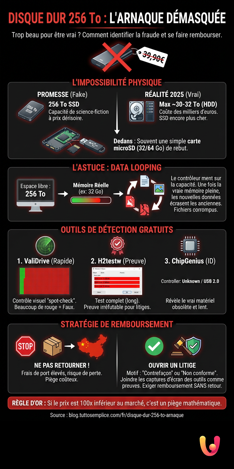 Disque dur 256 To : Comment démasquer l'arnaque et obtenir un remboursement - Infografica riassuntiva