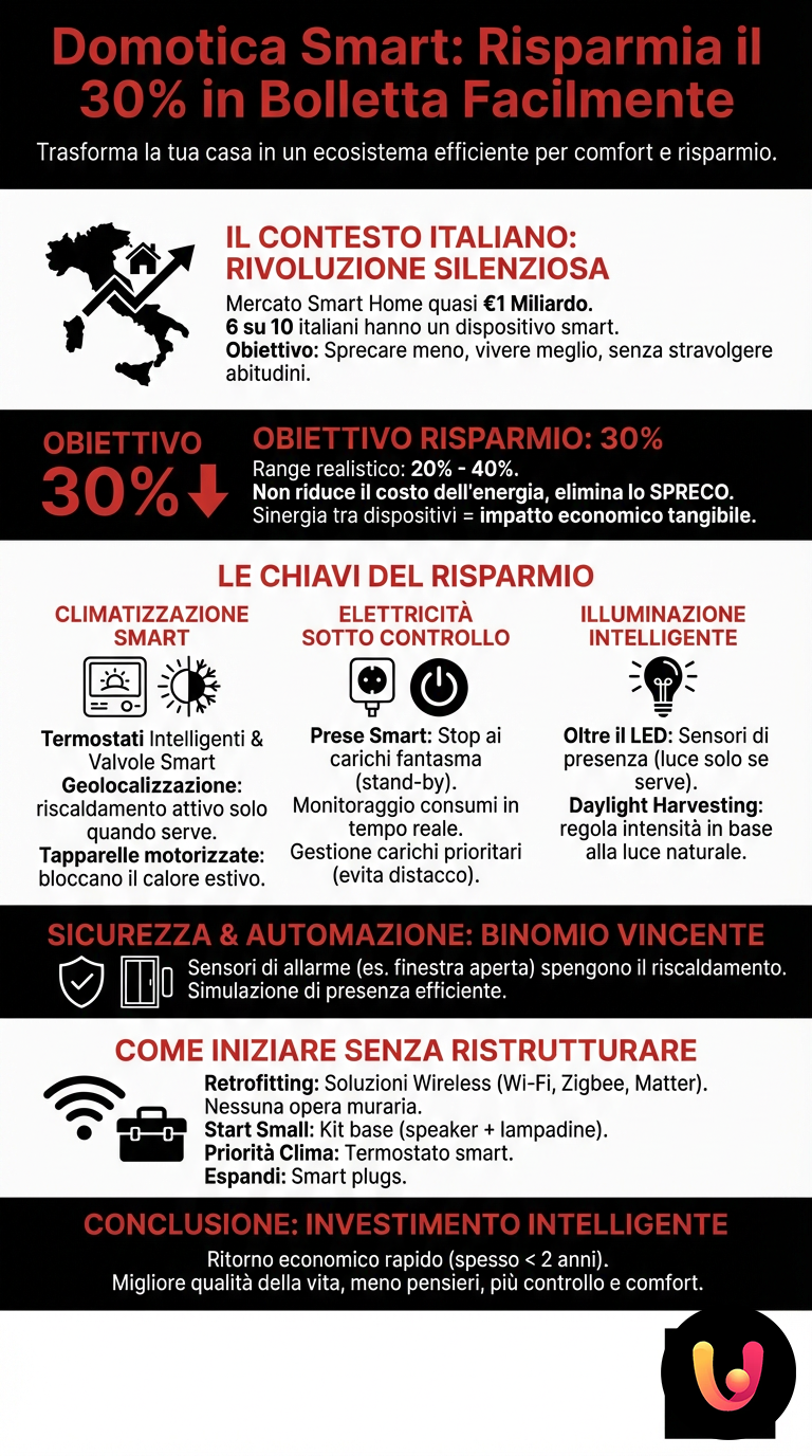 Domotica Smart: Risparmia il 30% in Bolletta Facilmente - Infografica riassuntiva