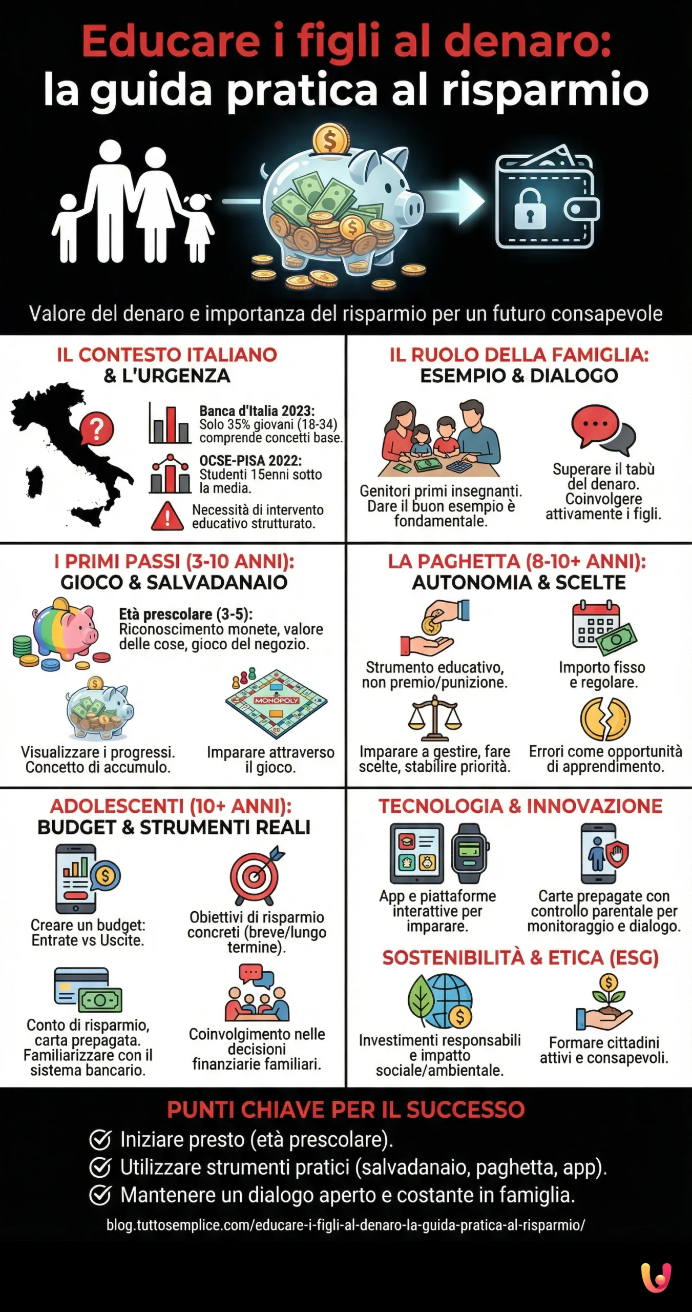 Educare i figli al denaro: la guida pratica al risparmio - Infografica riassuntiva