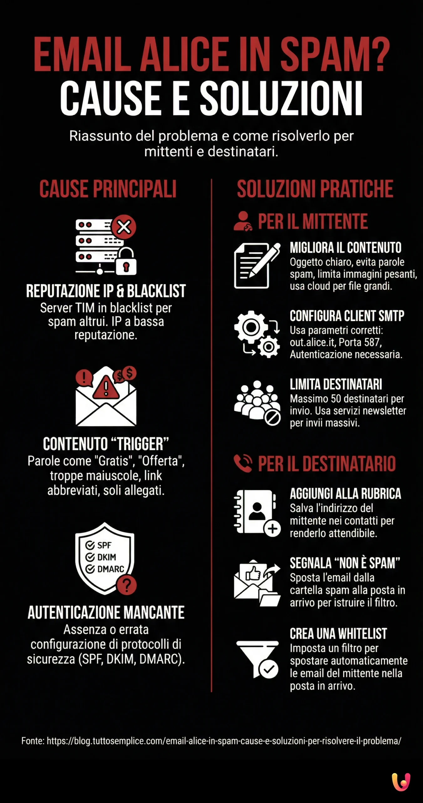 Email Alice in spam? Cause e soluzioni per risolvere il problema - Infografica riassuntiva