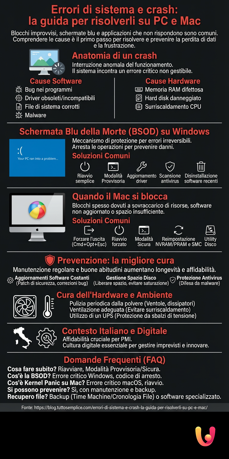 Errori di sistema e crash: la guida per risolverli su PC e Mac - Infografica riassuntiva