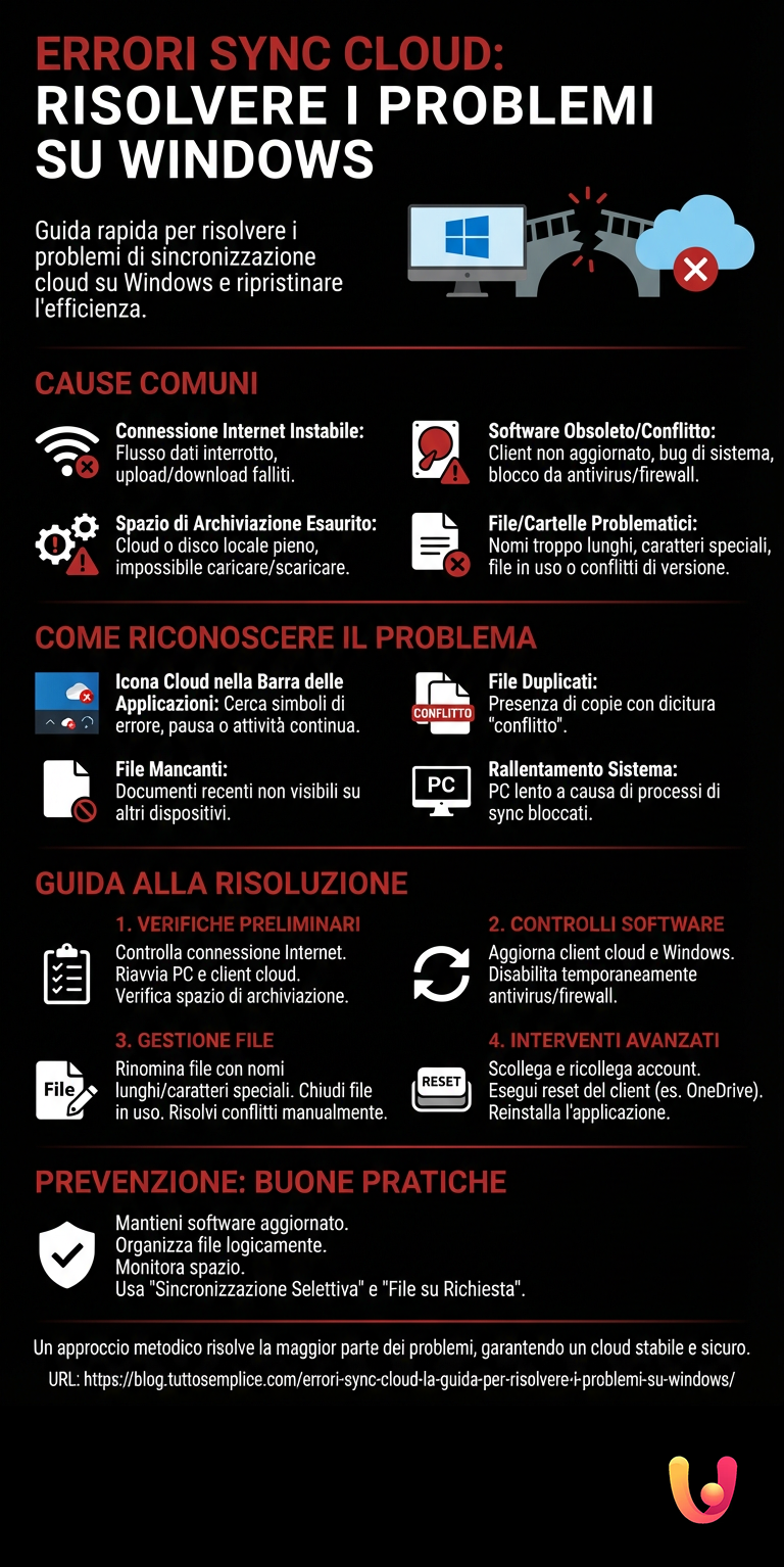 Errori sync cloud: la guida per risolvere i problemi su Windows - Infografica riassuntiva