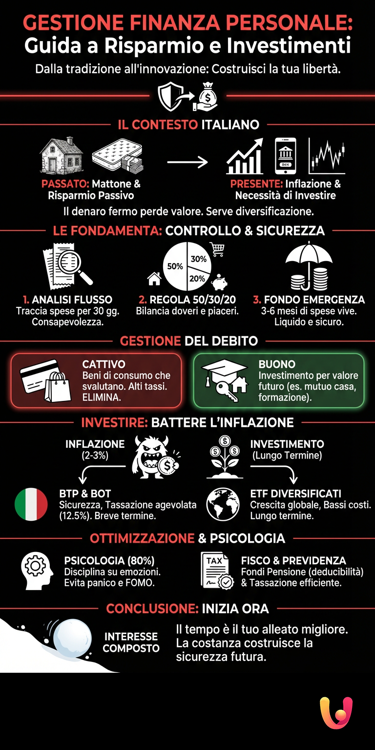 Gestione Finanza Personale: Guida Definitiva a Risparmio e Investimenti - Infografica riassuntiva