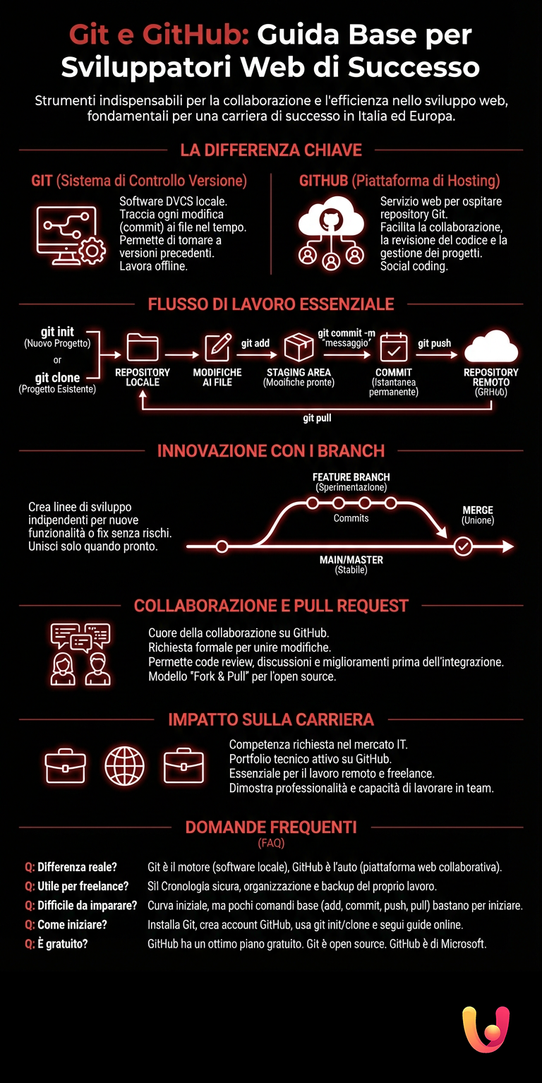 Git e GitHub: Guida Base per Sviluppatori Web di Successo - Infografica riassuntiva