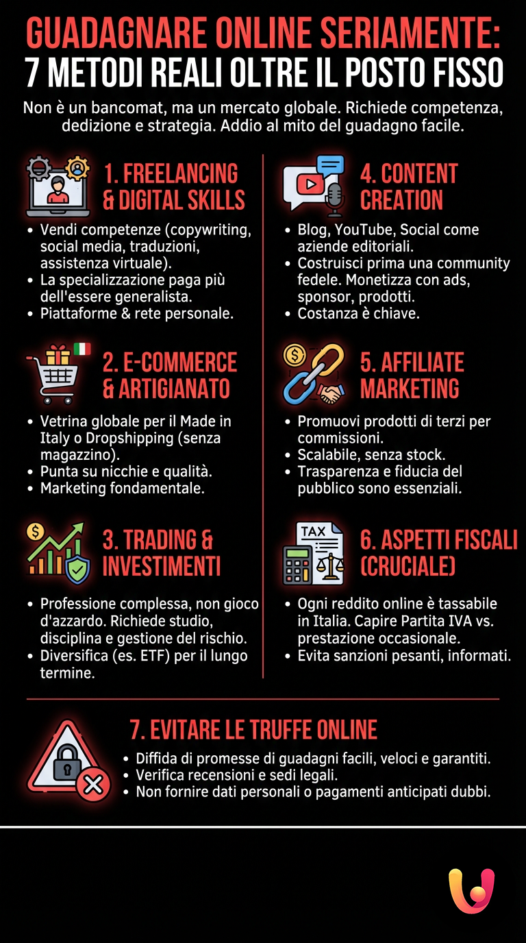 Guadagnare Online Seriamente: 7 Metodi Reali Oltre il Posto Fisso - Infografica riassuntiva