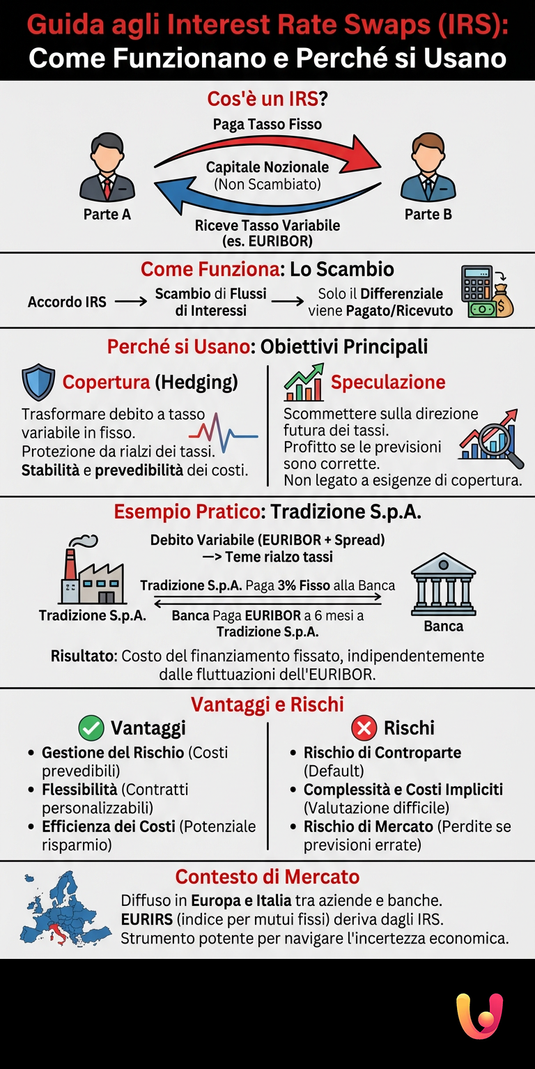 Guida agli Interest Rate Swaps (IRS): Come Funzionano e Perch&eacute; si Usano - Infografica riassuntiva