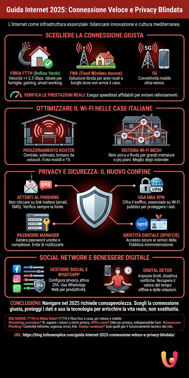 Guida Internet 2025: Connessione Veloce e Privacy Blindata - Infografica riassuntiva