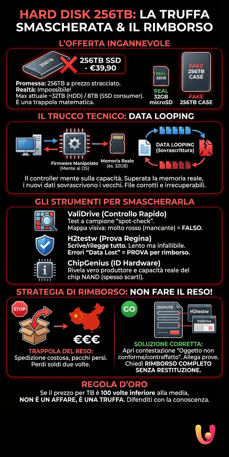 Hard Disk 256TB: Come Smascherare la Truffa e Avere il Rimborso - Infografica riassuntiva