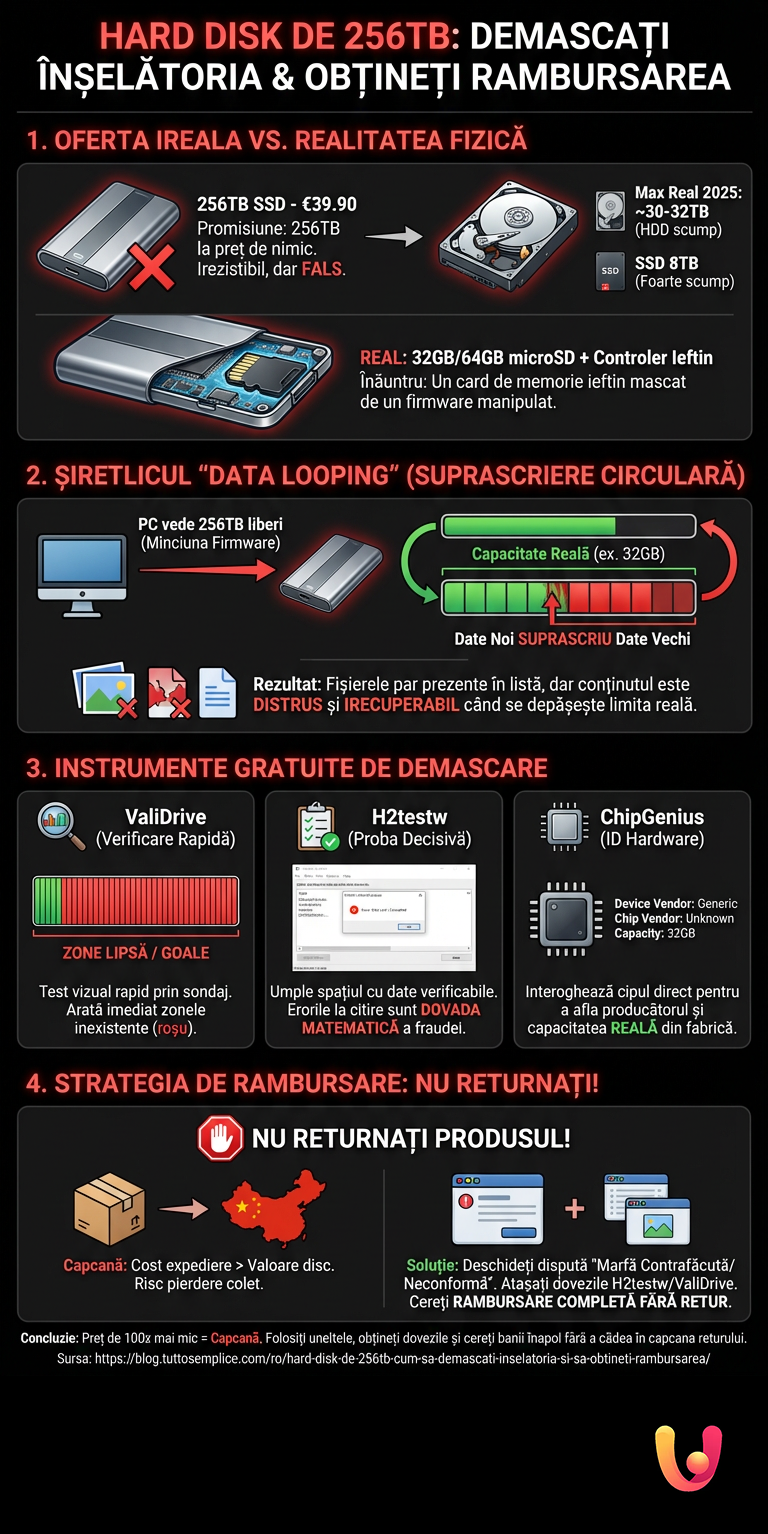 Hard Disk de 256TB: Cum să Demascați &Icirc;nșelătoria și să Obțineți Rambursarea - Infografica riassuntiva