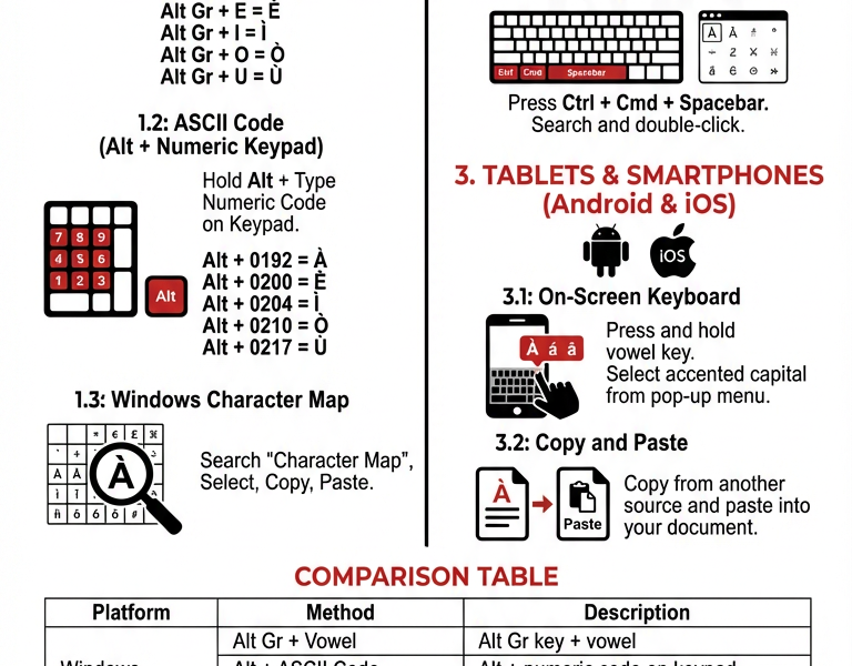 Infografica: How to Type Accented Capital Vowels: &Agrave; &Egrave; &Igrave; &Ograve; &Ugrave;