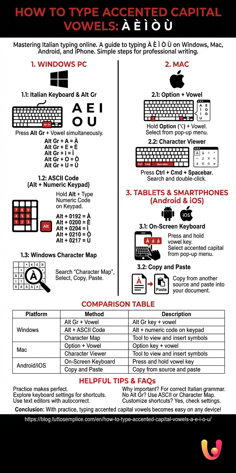 How to Type Accented Capital Vowels: À È Ì Ò Ù - Infografica riassuntiva