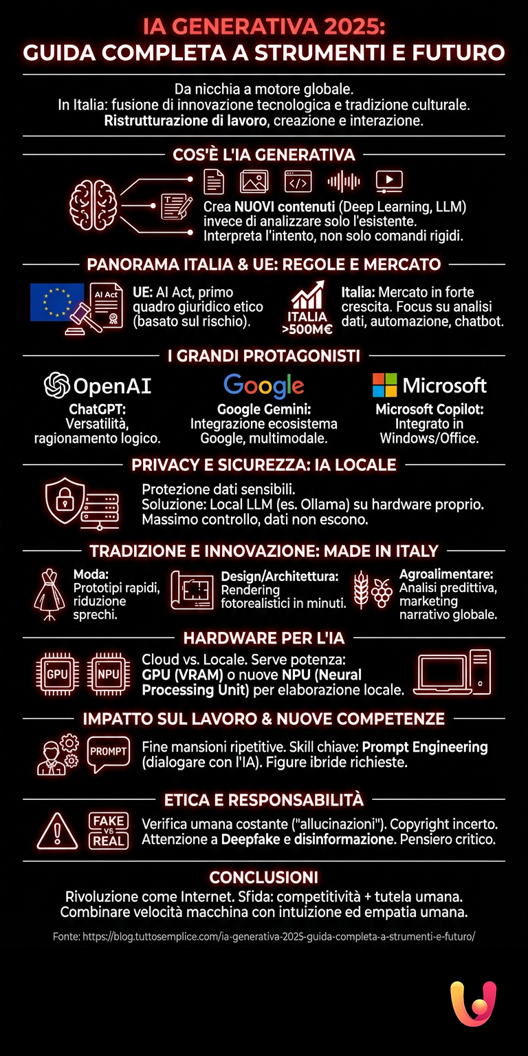 IA Generativa 2025: Guida Completa a Strumenti e Futuro - Infografica riassuntiva
