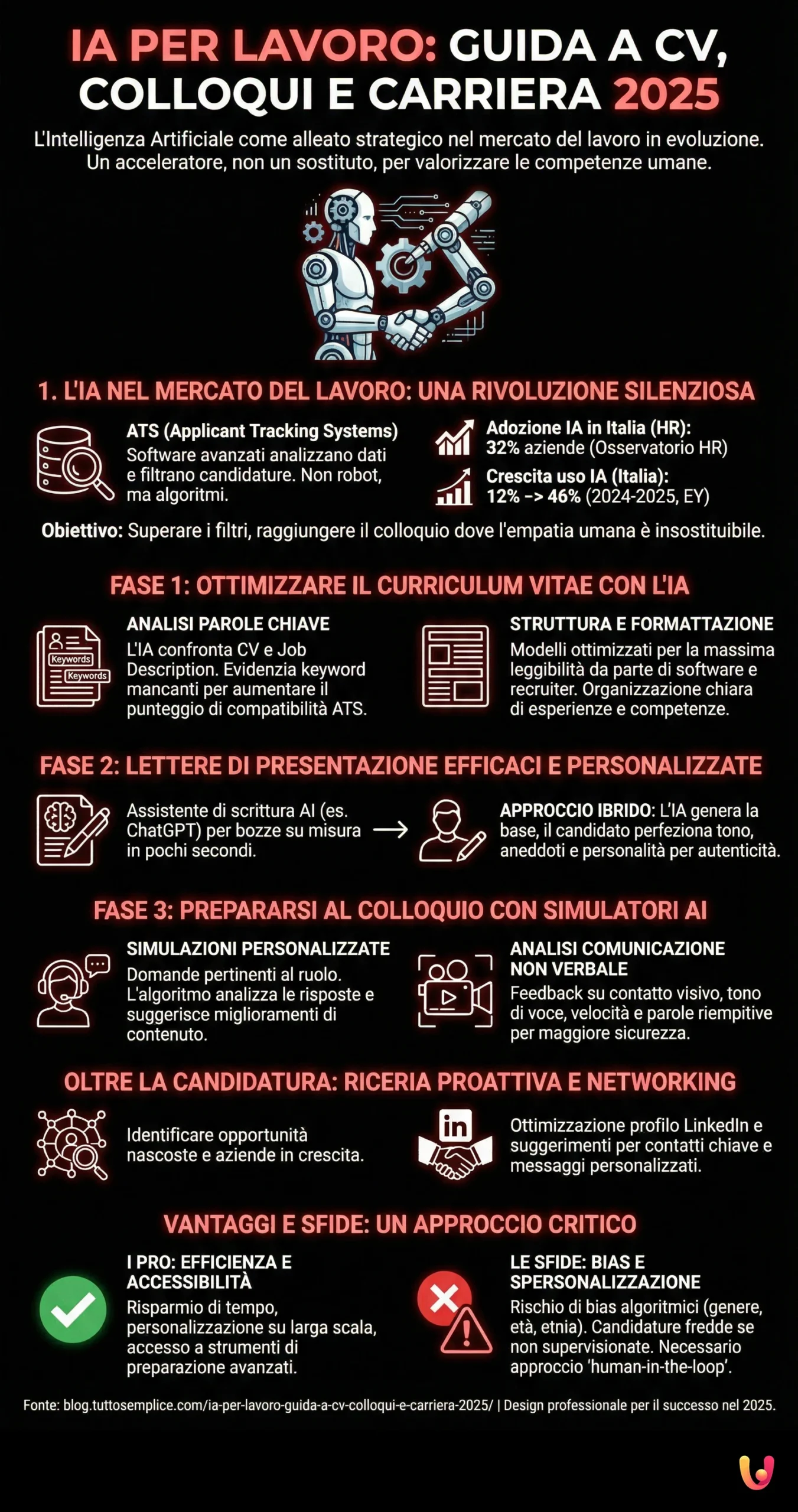IA per Lavoro: Guida a CV, Colloqui e Carriera 2025 - Infografica riassuntiva